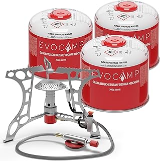 EVOCAMP kompakter Campingkocher 3.2 kW mit Piezo-Zünder, Camping Stove, Mini-Gaskocher - ideal für Camping, Angeln und Outdoor (+3 Kartuschen 300 g)