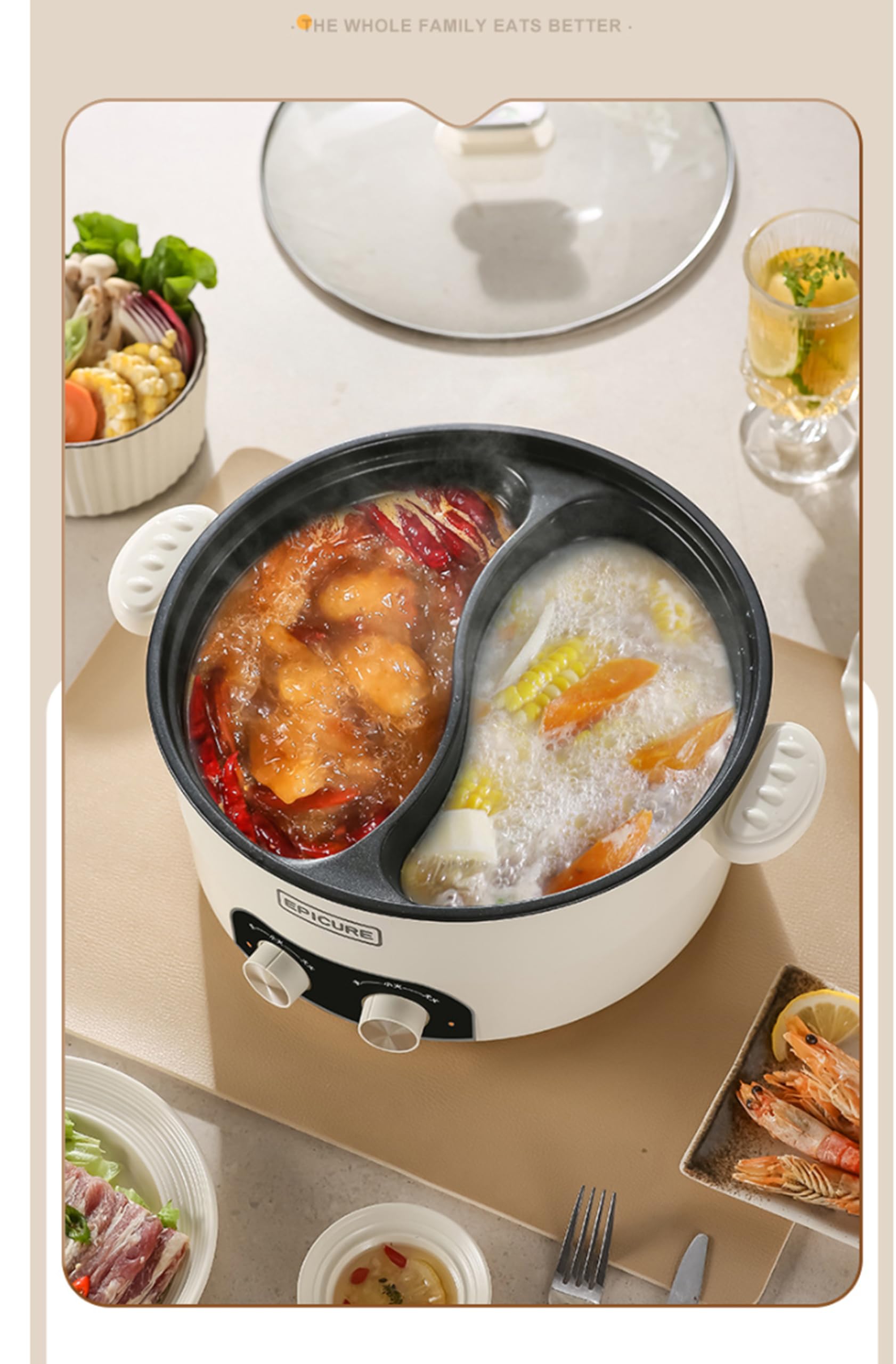 Cazuela eléctrica, Cocina y olla lenta, olla eléctrica multifuncional caliente, máquina de fondue china de dos sabores, con enchufe europeo (6.5L)