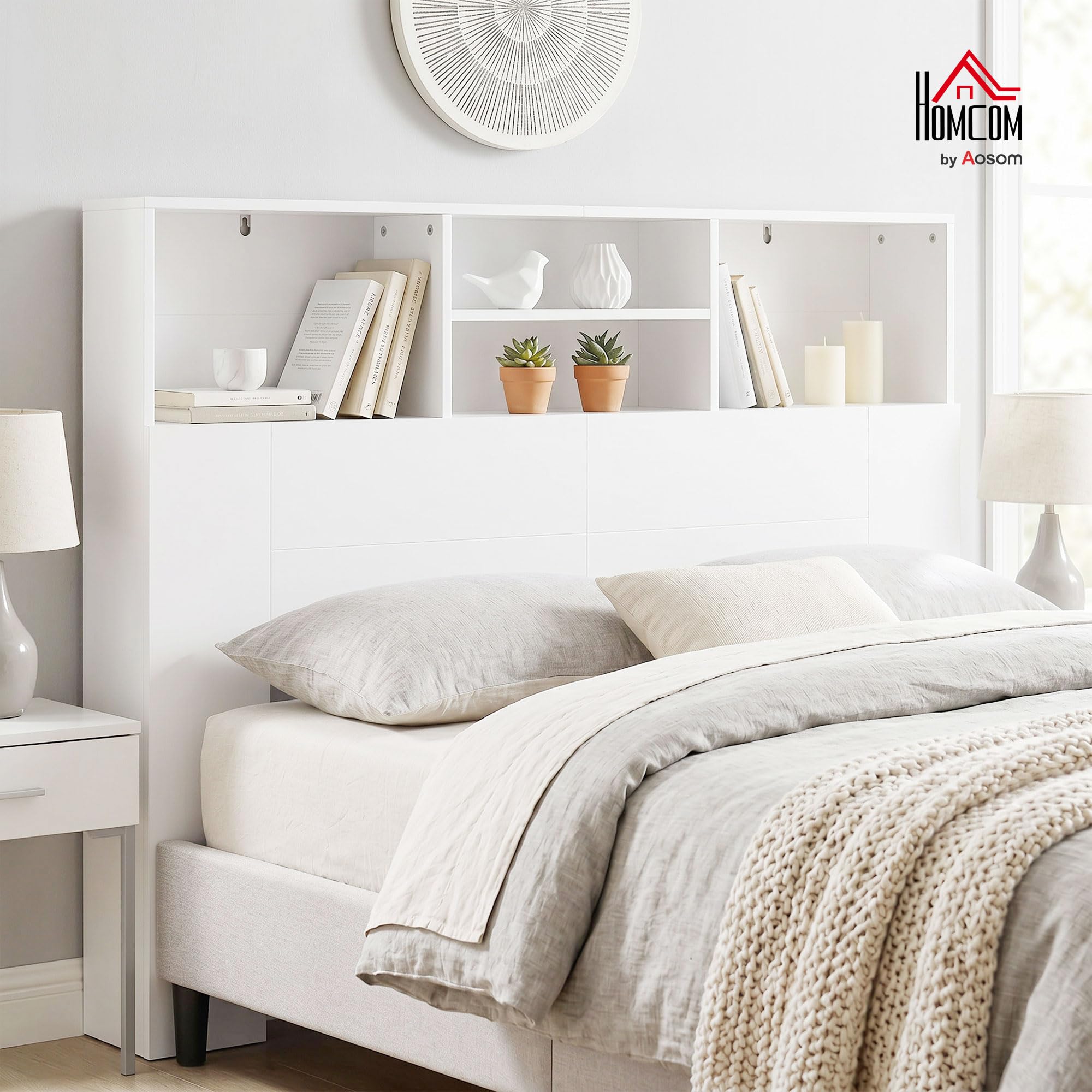 HOMCOM Cabecero de Cama 140 cm con Almacenaje, Cabezal de Cama con 4 Compartimentos Abiertos, Cabecero Moderno para Dormitorio, Blanco