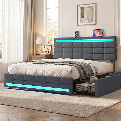 ADORNEVE Queen Bed Frame with 4 Storage Drawers and Charging Station