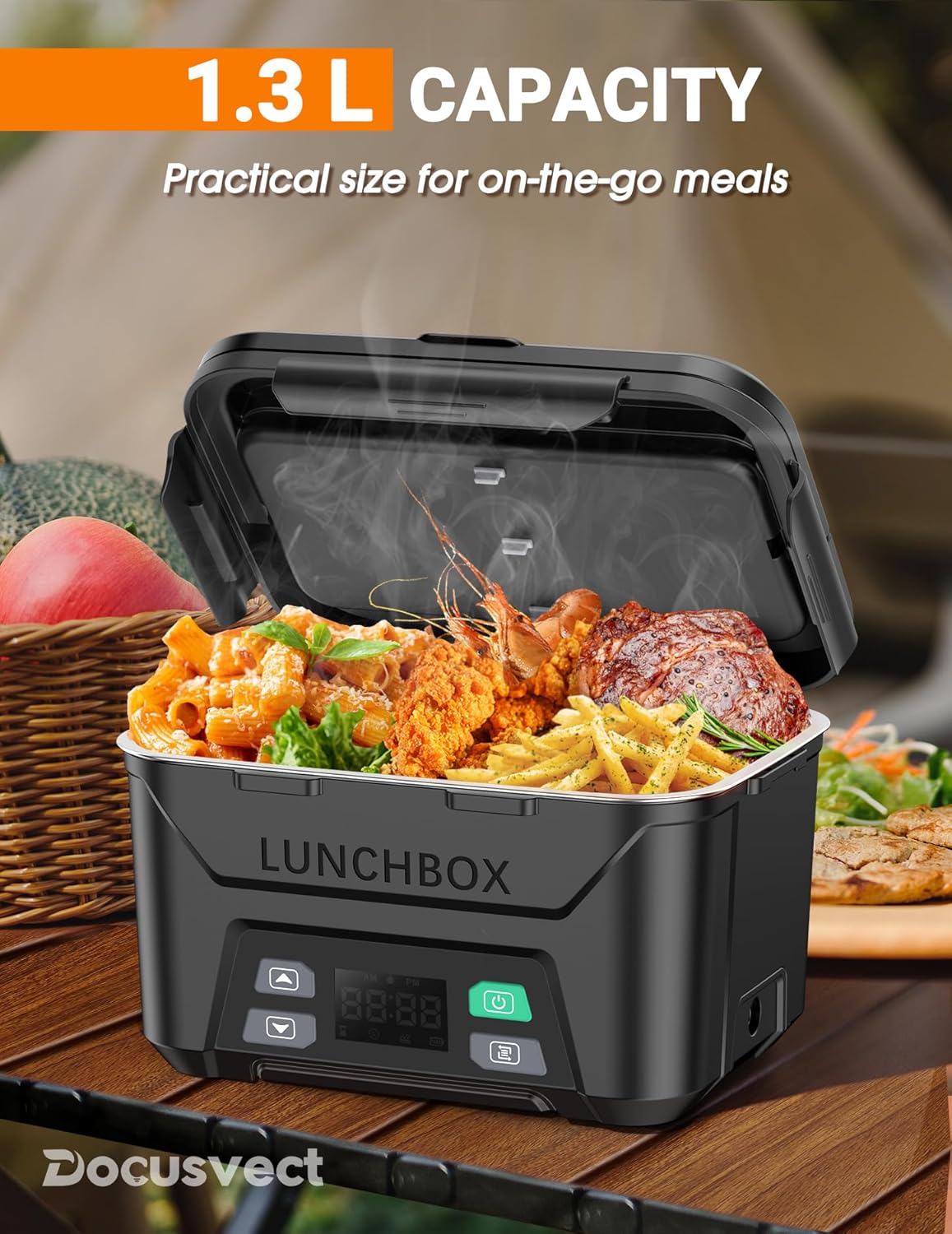 Rechargeable Heated Lunch Box for Men, 1.3L Cordless Electric Lunch Box for Adults with Smart Scheduled Heating, Portable Food Warmer with Complete Accessories - Image 4