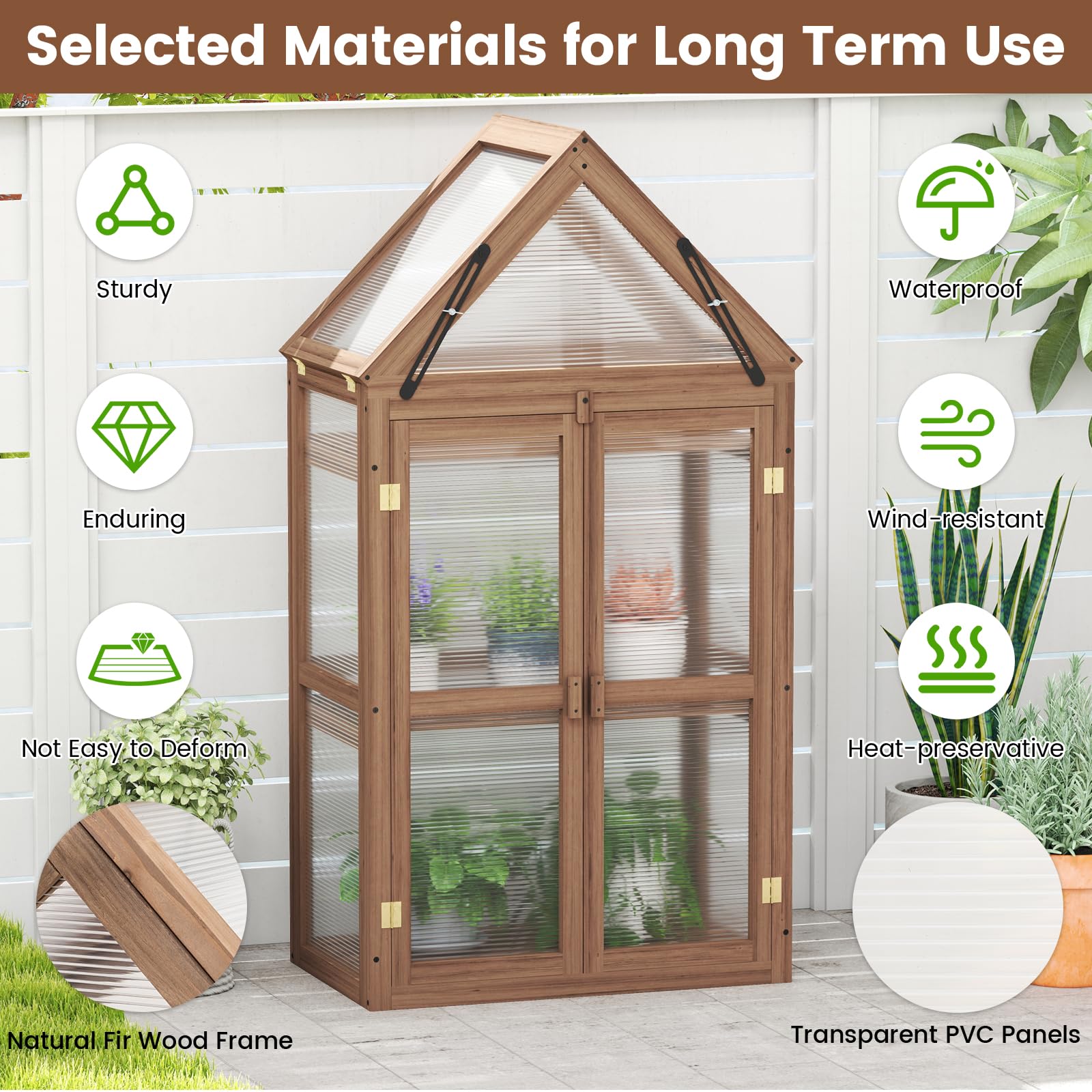 HOMASIS Mini Serra da Giardino a 3 Livelli Trasparente in Policarbonato, Serra da Balcone Invernale con 2 Porte, Tetto Apribile e Ripiani Regolabili, Struttura in Legno di Abete, 71 x 41 x 133 cm