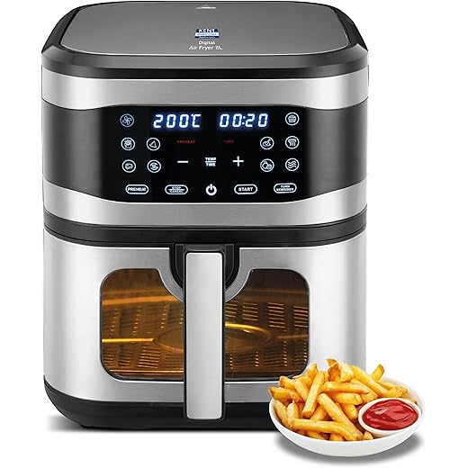 KENT Digital Air Fryer 8L | 1700W | Bake, Grill & Roast | Up to 80% Less Oil Usage | 7 Preset Menu | Digital Display & Touch Control Panel | Glass Window with in built Light | Auto Cut-Off Silver