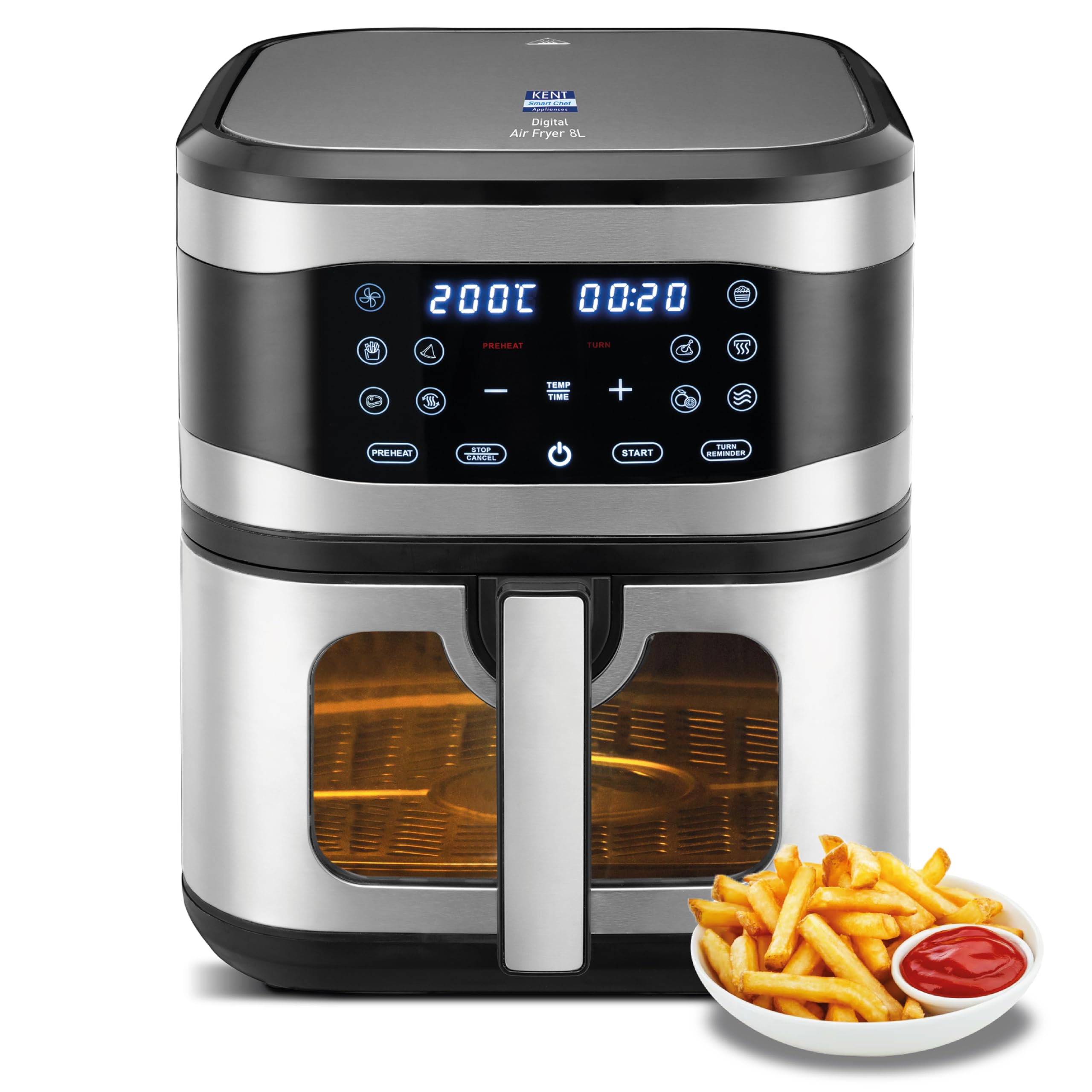 Digital Air Fryer 8L | 1700W | Bake, Grill & Roast | Up to 80% Less Oil Usage | 7 Preset Menu | Digital Display & Touch Control Panel | Glass Window with in built Light | Auto Cut-Off Silver