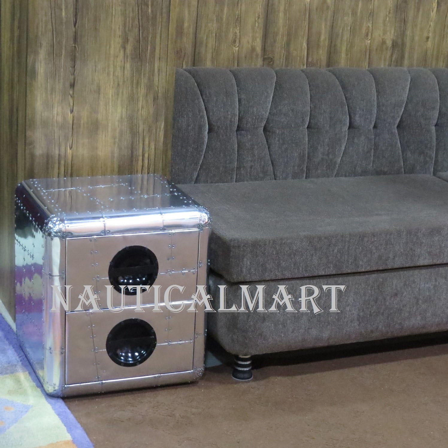 NauticalMart Aluminum Two Drawer Bedside Silver Table
