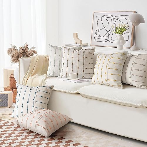 Miniatura 6 de AELS Juego de 2 fundas de almohada decorativas de lino bohemio de 20 x 20 pulgadas, fundas de almohada modernas con textura de granja, funda de