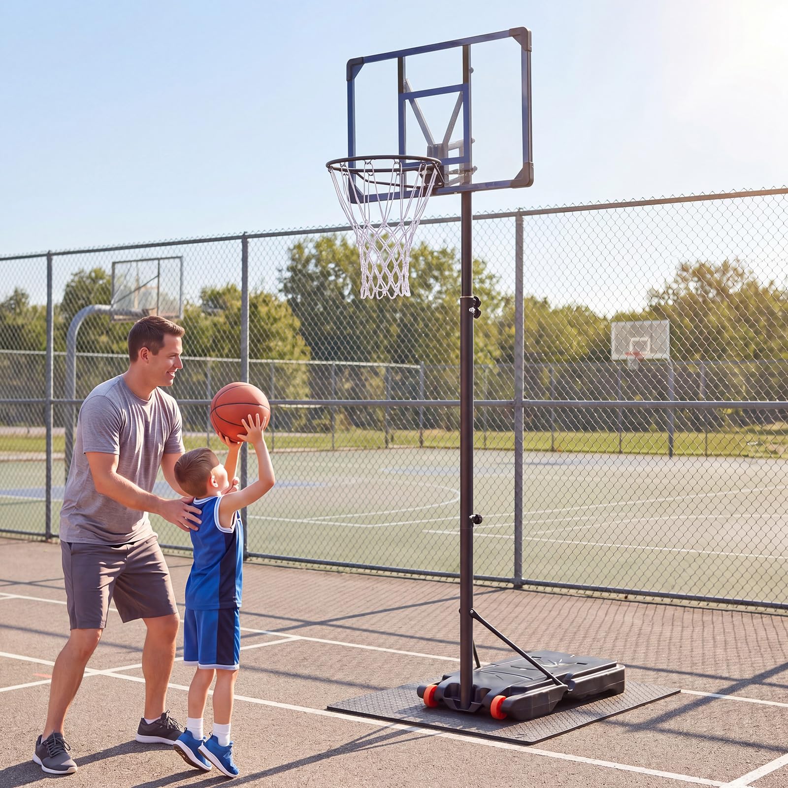 LIFEZEAL Cestino da basket portatile, altezza regolabile, cestino da basket con supporto, tubo centrale rimovibile e ruote, supporto da basket con base 32 l per esterno