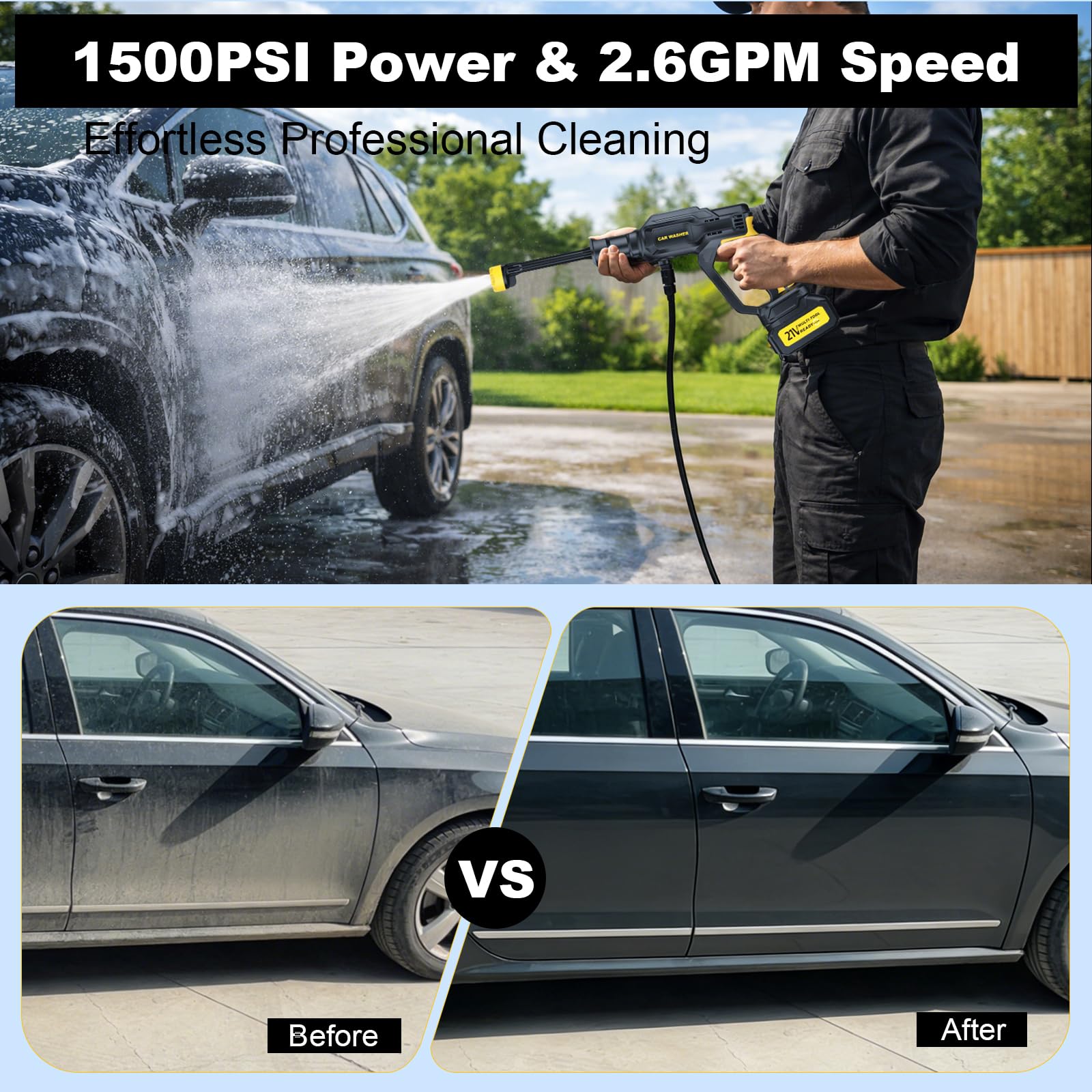 Arandela inalámbrica a presión, motor sin escobillas de 400 W, 3 modos de velocidad, máximo 1500 PSI, boquilla giratoria 6 en 1, manguera de 16.4 pies, inalámbrica para limpieza de autos/suelos
