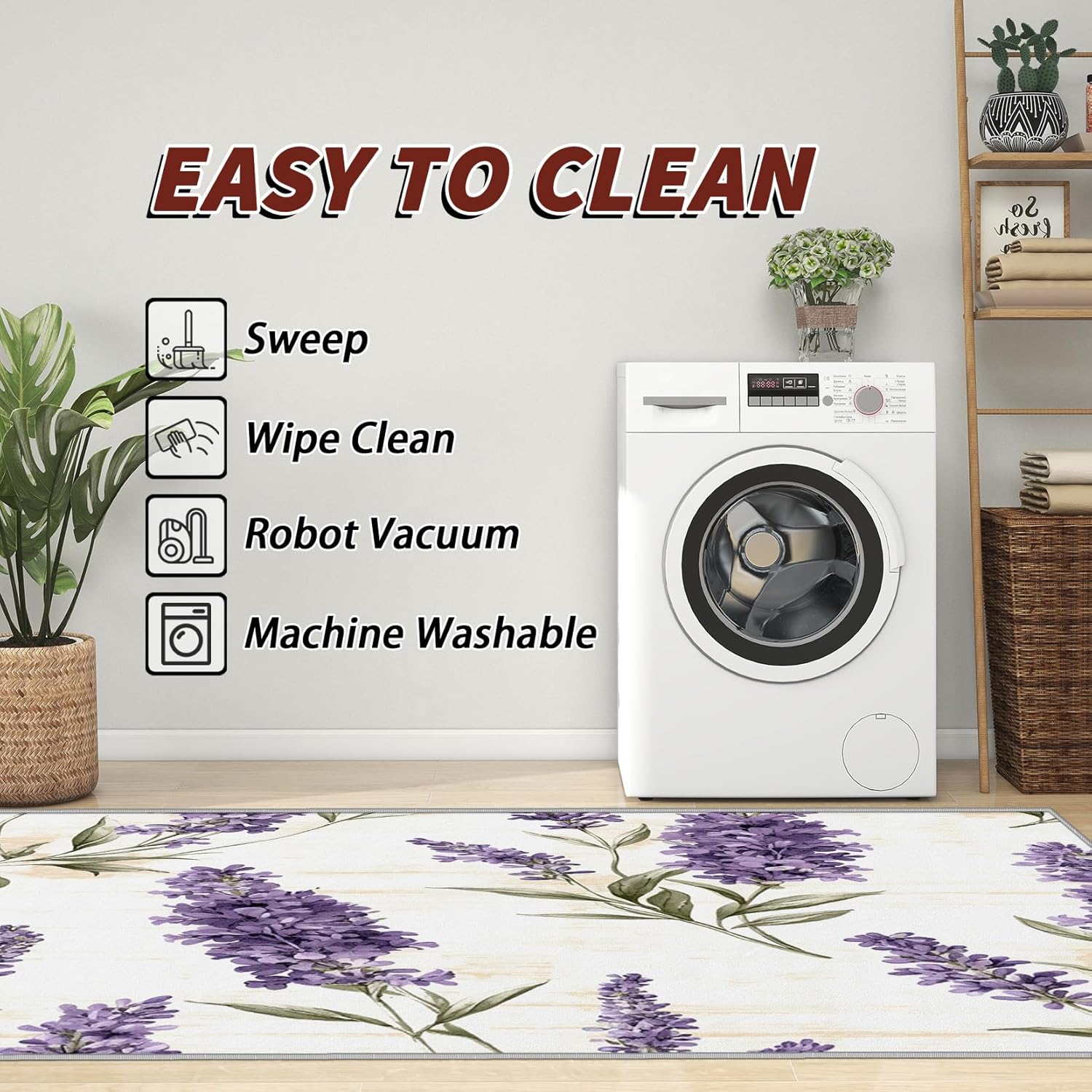 Lavender Rugs for Bedroom Girls - Lavender Rug, 2x3 Rug, Purple Floral Botanical Area Rug, Rustic Flower Door Mat, Washable & Non Slip & Soft Small Carpet, Lavender Home Decor Gifts