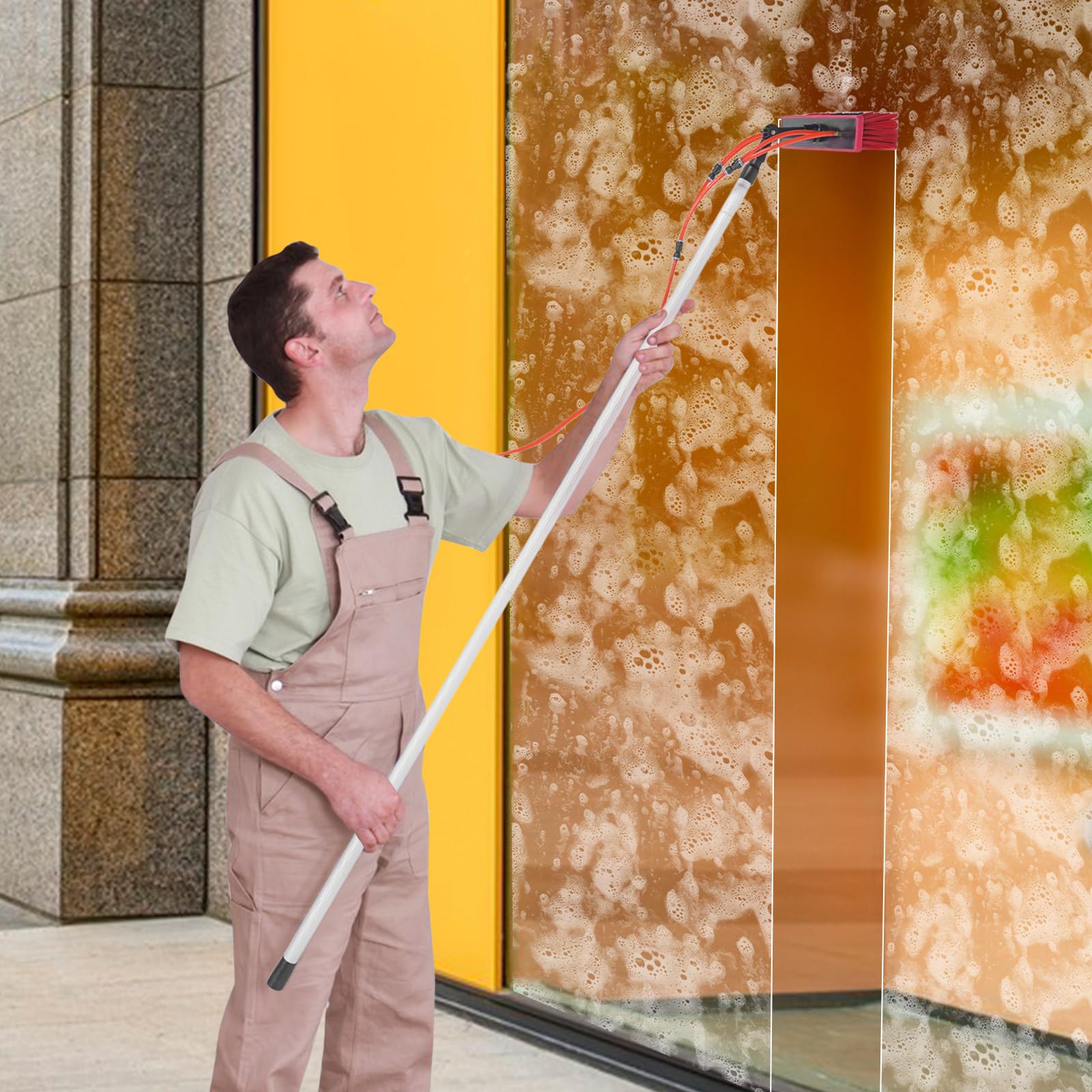 HANGKAI Suministro de agua, barra telescópica con cabezal de cepillo universal ajustable 180°, barra telescópica, juego de limpieza de ventanas con 8 polos de hasta 7,4 m, cepillo de limpieza de agua,