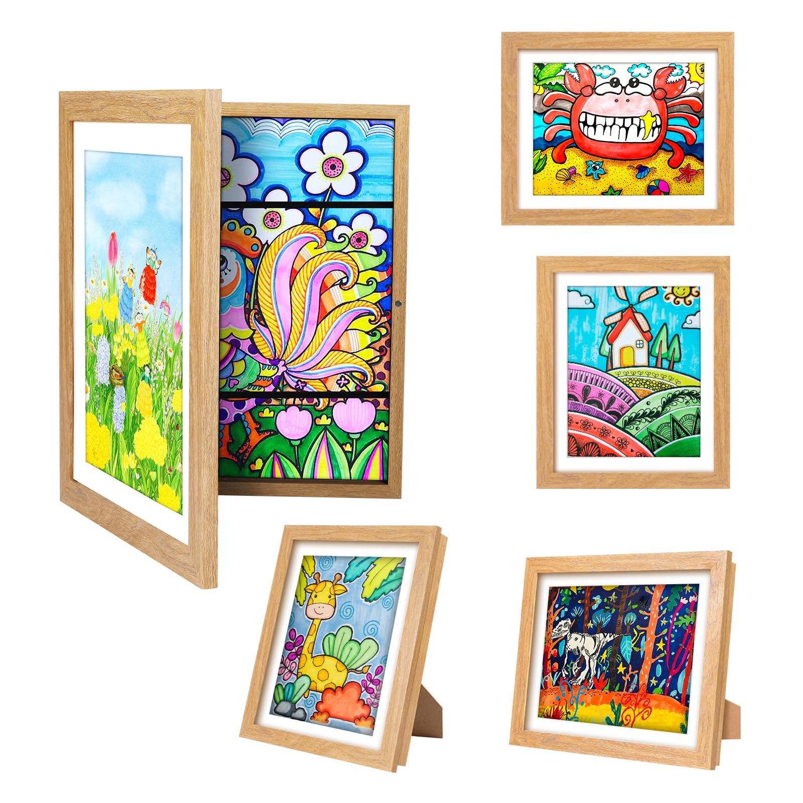 sixzerone [3-Pack] Kids Artwork Frames Changeable - Front Opening Holds 150,Children Art Projects Kids Art Frames,10x12.5 Child Picture Frame for Display,With Storage(Wood)