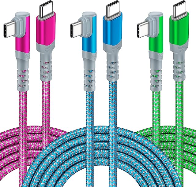 60W Right Angle USB C Cable3Pack 10ft, Acezeek Type C Cable 90° Right Angle PD Charger Fast Charging Cable Nylon Braided Cord Compatible with MacBook Pro, iPad Air/Pro, Samsung Galaxy S22/S21/S20