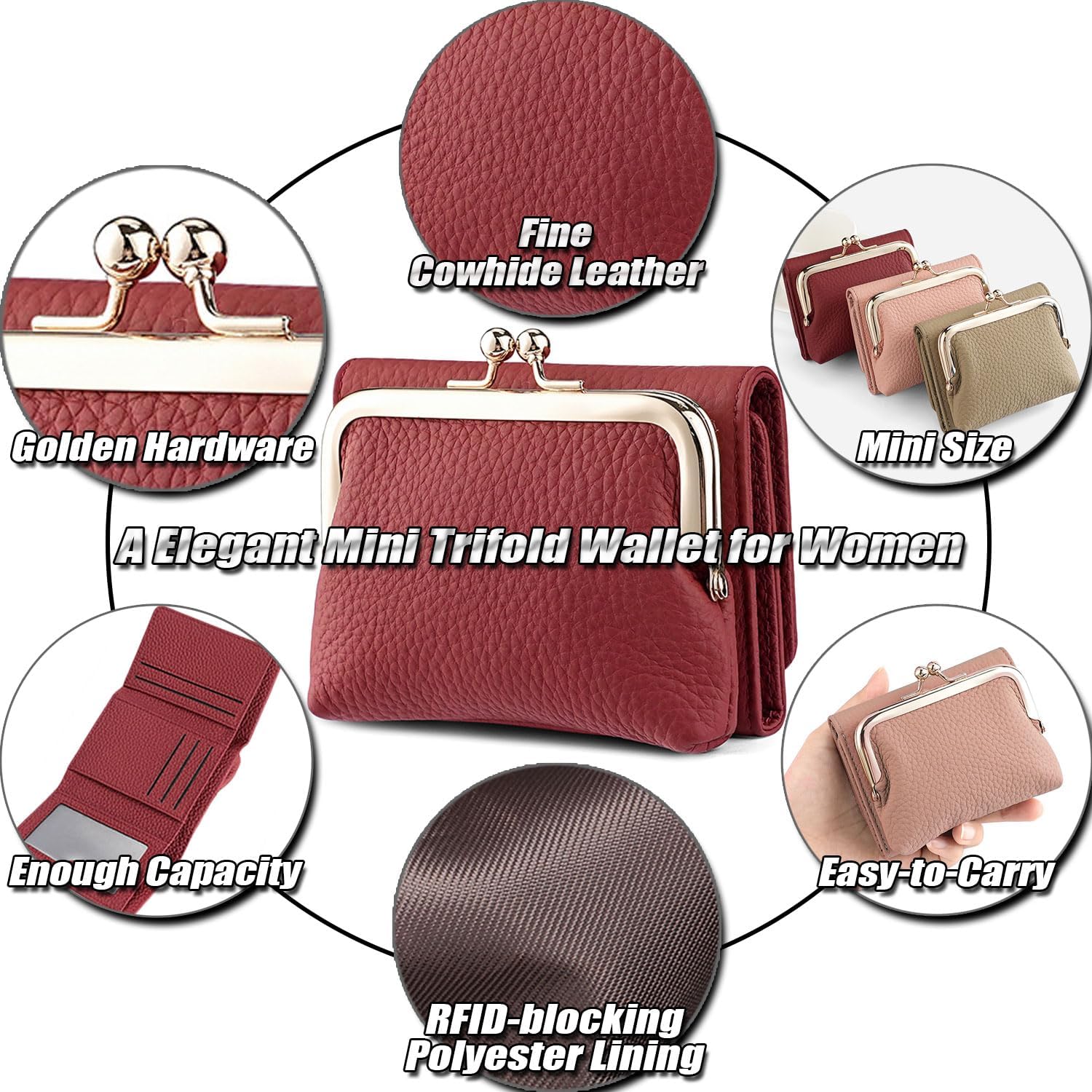 Genuine Leather Small Trifold Wallet for Women, RFID Blocking Card Holder, Compact Kiss-lock Purse with 8 Card Slots