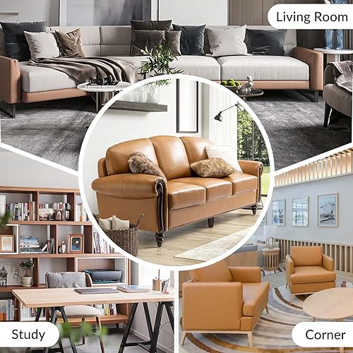 Miniatura 5 de HULALA HOME Sofá de cuero genuino de 3 plazas, sofá tradicional para sala de estar con patas de madera maciza talladas, color camello
