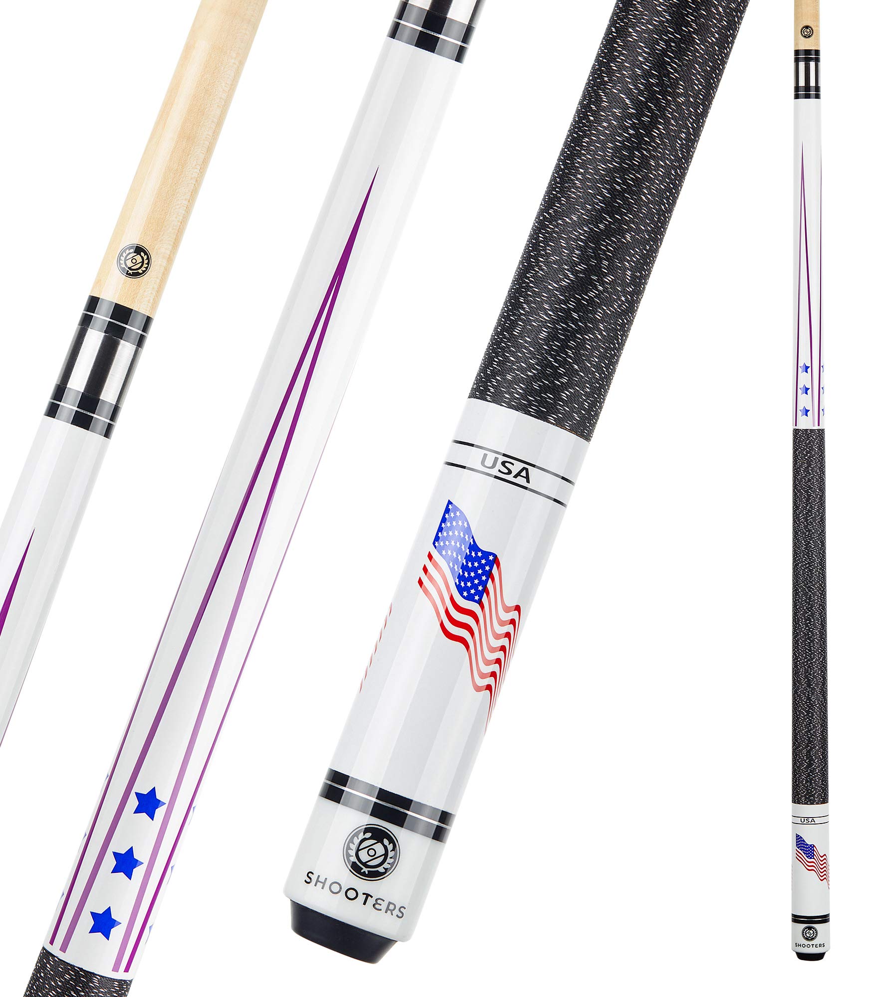SHOOTERS Billiard Pool Cue Stick 2-Piece 57-58” Fast Joint Maple Wood with American Flag (19-20 Oz)
