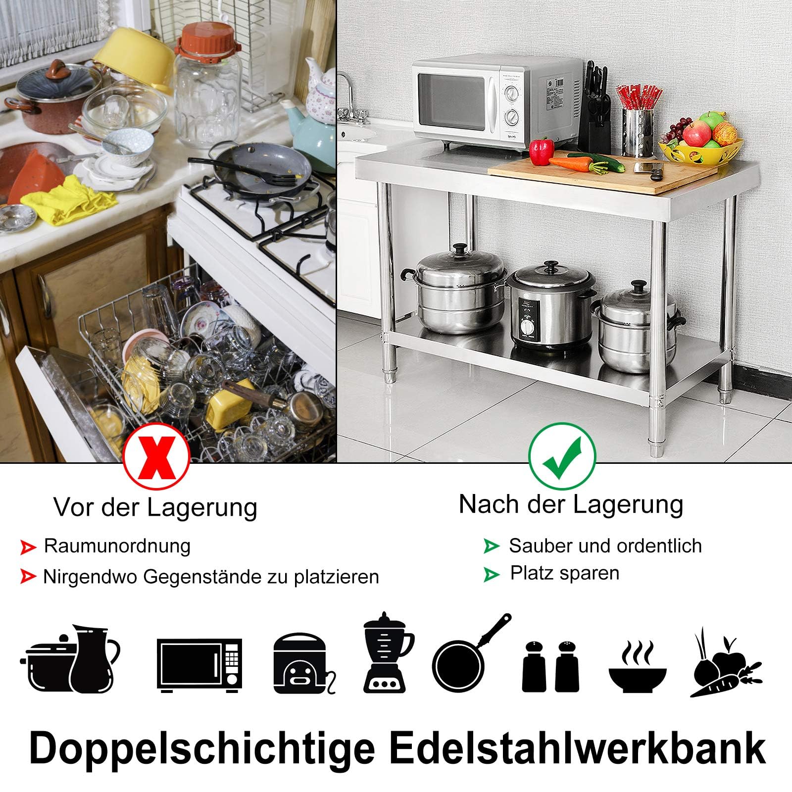 LZQ Edelstahl Arbeitstisch 100x60x85 cm – Profi Küchentisch mit Aufkantung, verstellbaren Füßen & unterer Ablagefläche, Gastronomie Arbeitstisch bis 250 kg für Küche, Restaurant, Werkstatt & Labor
