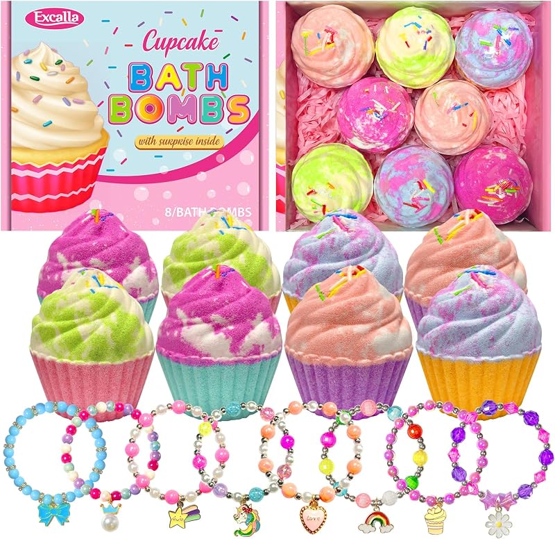 Excalla Bombas de Banho em Formato de Cupcake com Bijuterias Surpresa, Pacote com 8