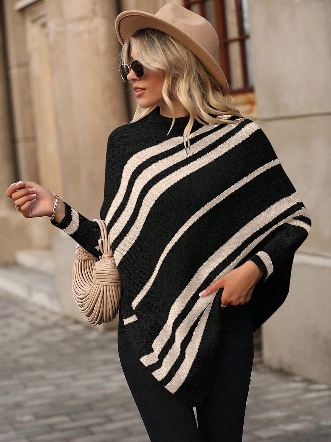 SISKIN Women’s Turtleneck Striped Poncho Sweater 2025, Asymmetric Oversized Batwing Casual Pullover Sweater Black L - Image 7
