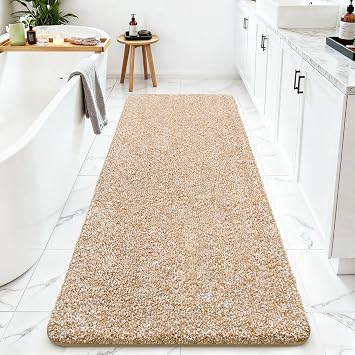 ISEAU Bathroom Runner Rugs 24x60, Super Absorbent Microfiber Large Bath Mat, Non-Slip Long Shower Rug with TPR Backing, Thick Plush Machine Washable Bathmat for Bathrooms, Light Camel/White