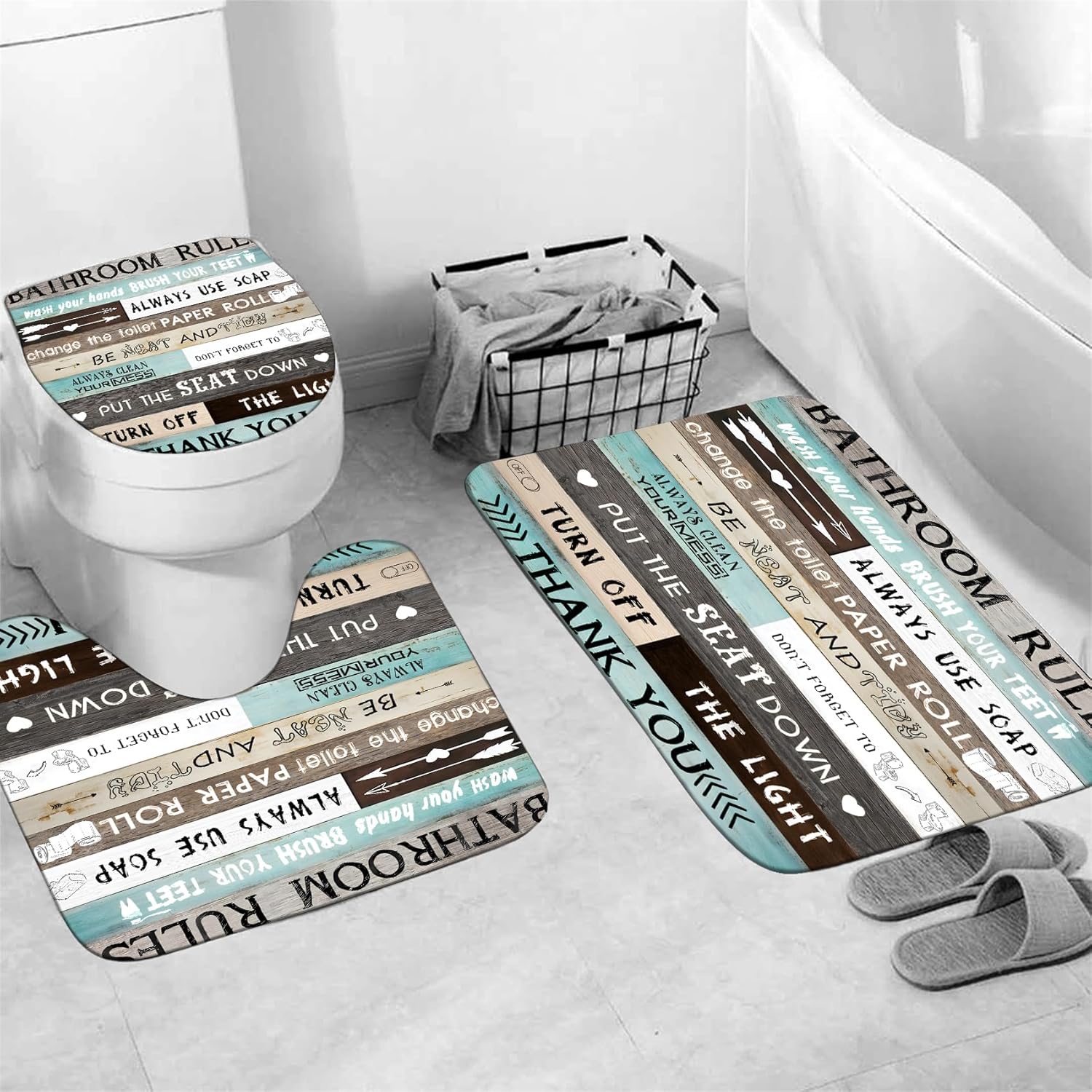 AZHM Inspirational Quotes Shower Curtain Set for Bathroom 4 Pcs Brown Teal Patchwork Design Bathroom Accessory Decor Sets with Shower Curtain and Rugs