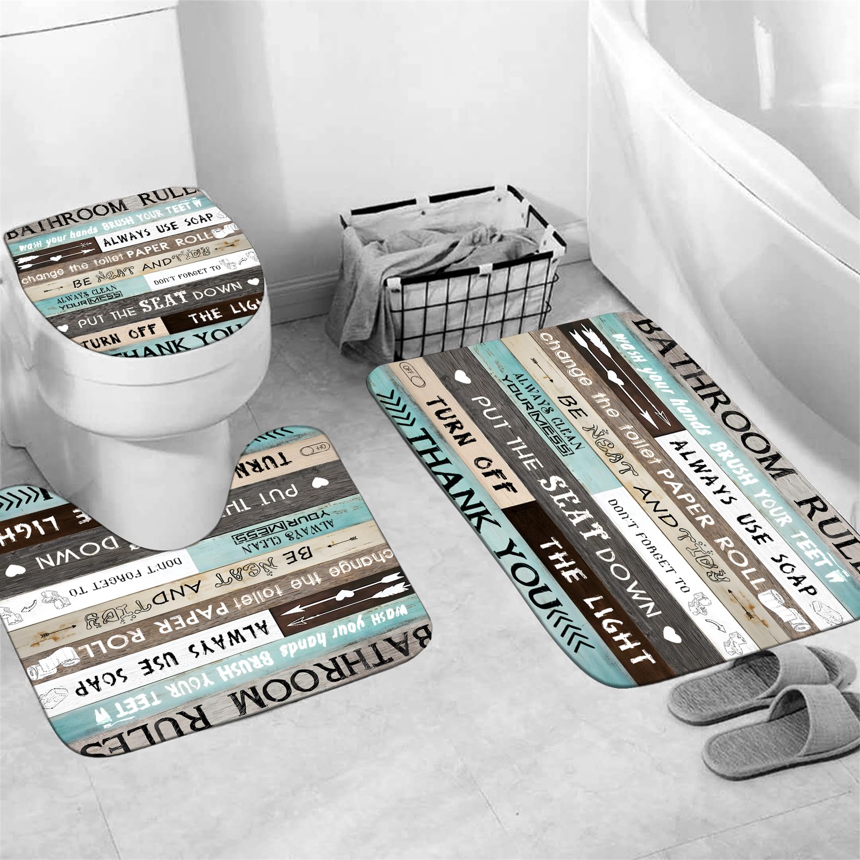 AZHM Juego de cortinas de ducha con citas inspiradoras para baño, 4 piezas, diseño de retazos marrón y verde azulado, juego de decoración de accesorios de baño con cortina de ducha y alfombras