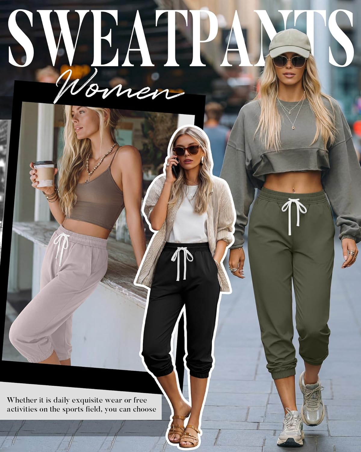 Ficerd 3 Pcs Women's Capri Sweatpants Joggers Summer Casual Sports Cropped Lounge Pants High Waisted Athletic with Pockets - Image 3