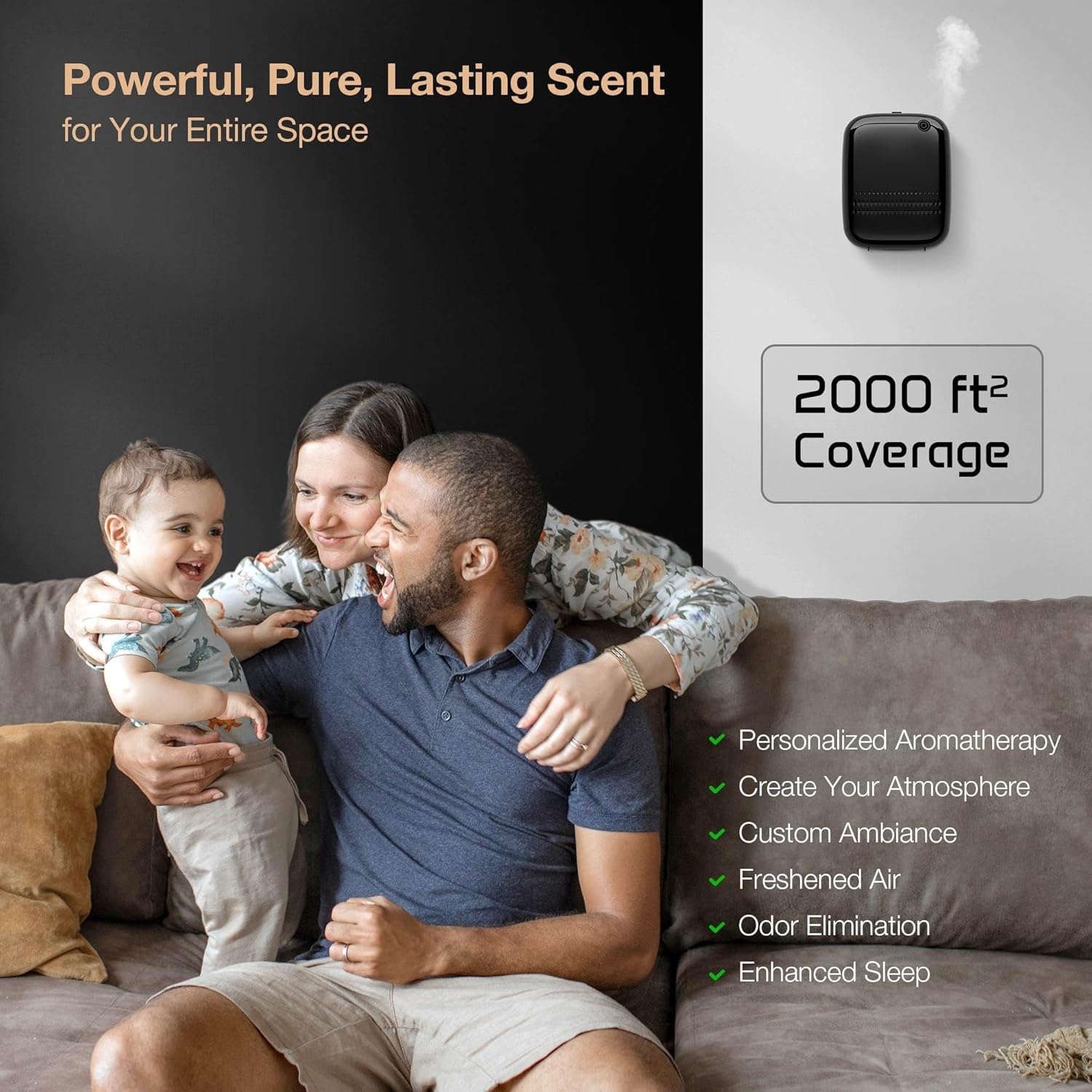 Family in a living room with Airversa Smart Scent Air Machine, highlighting 2000 sq ft coverage