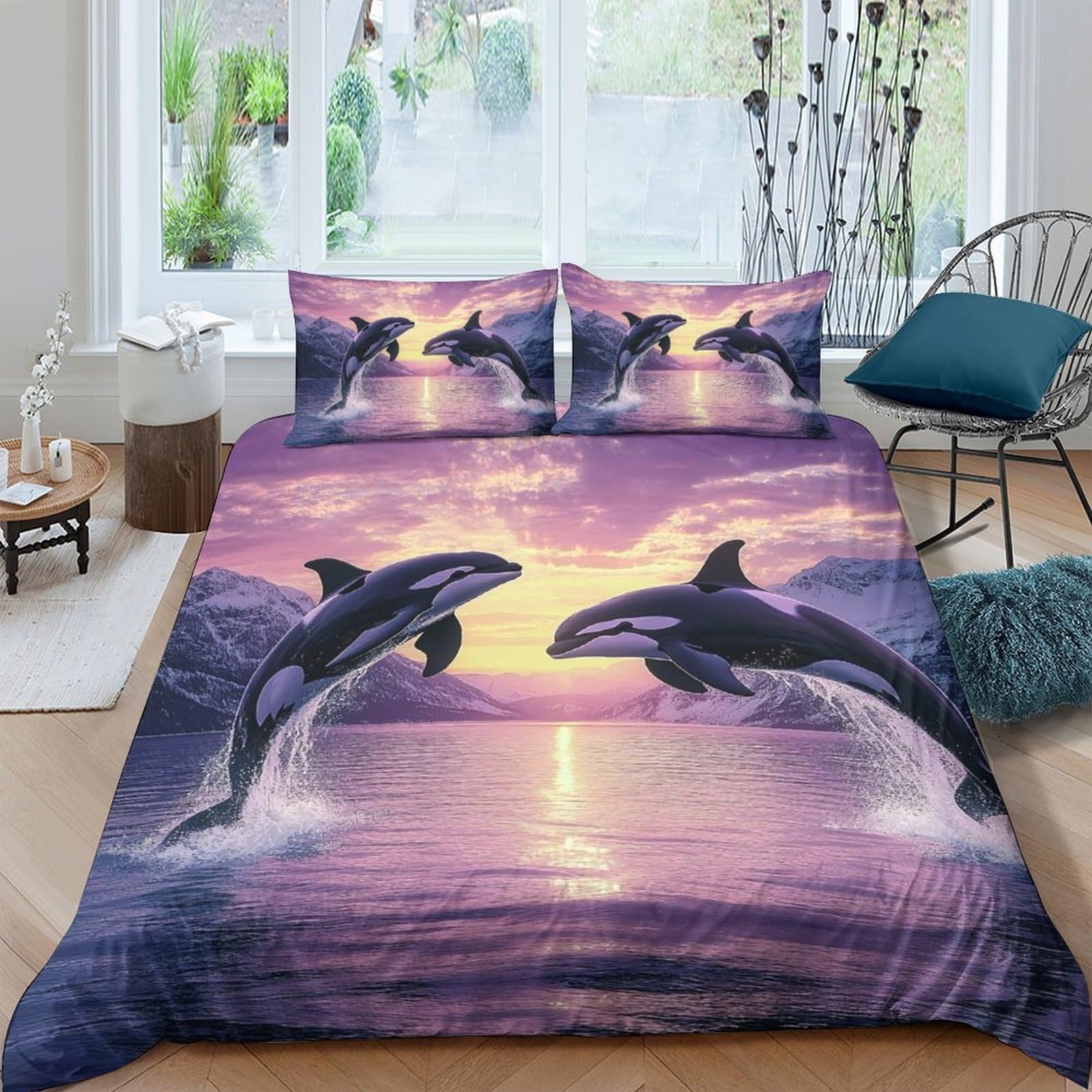 Ctjqhvkz Style-10 3D Printed Sunset Dolphin Fitted Sheet Microfiber Soft Anti-Slip Ocean Sea Mattress Cover For Bedroom Guest Room Decor Single（135X200cm）