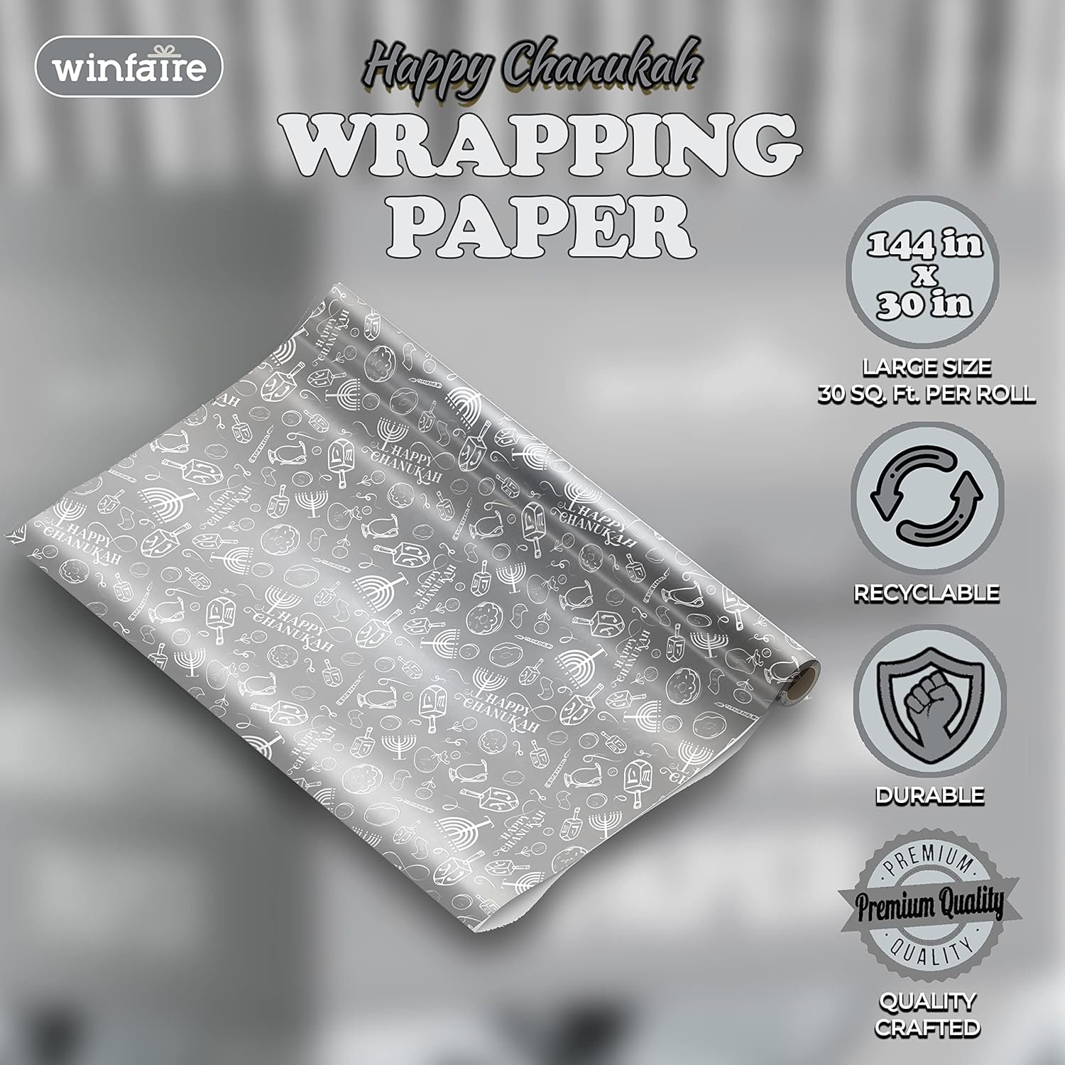 Winfaire Hanukkah Wrapping Paper, Extra Wide Metallic Silver Gift Wrap - Hanukkah Gift Wrap, Silver (30 Inch x 144 Inch)