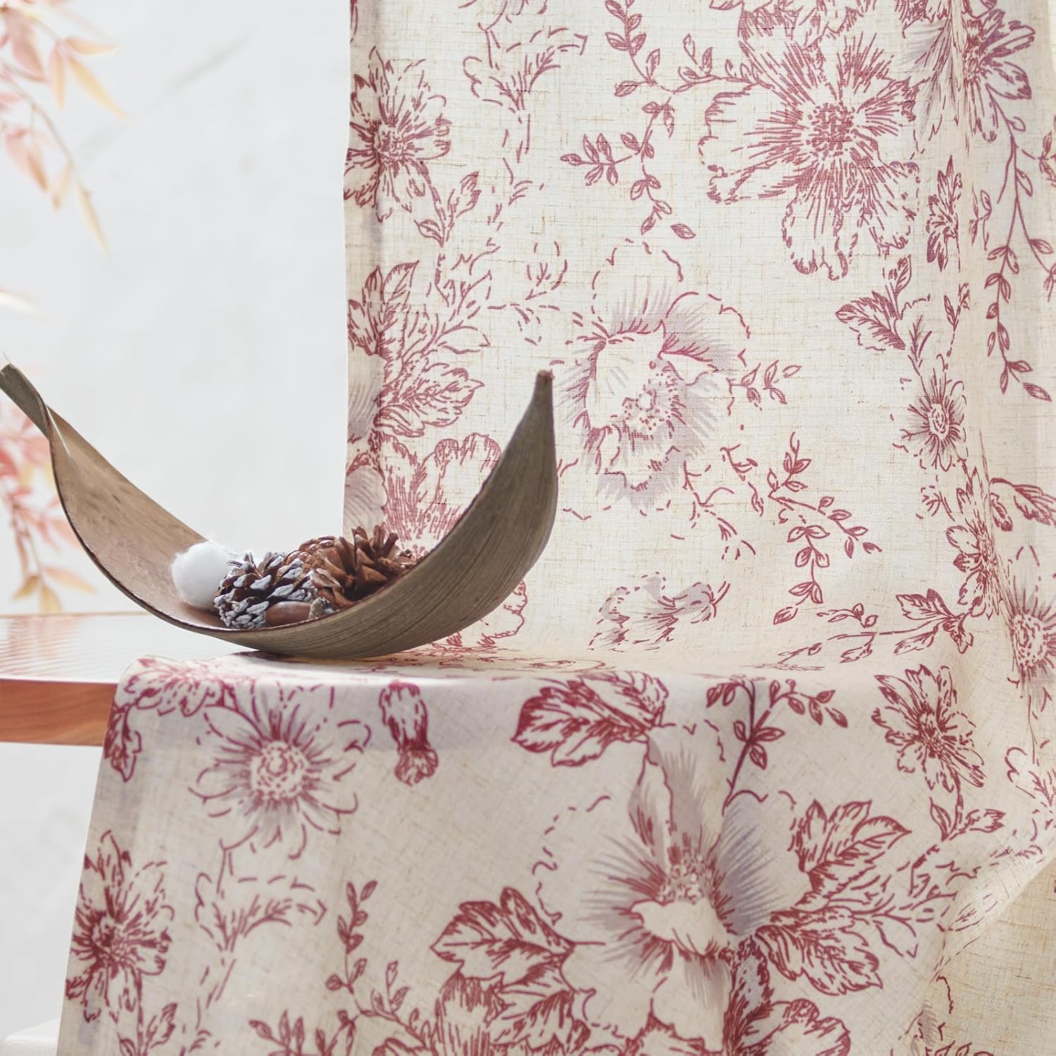 Topick Linen Blend Floral Curtains for Living Room 63 Inch Length Red Printed Rod Pocket Cottage Core Back Tab Farmhouse Peony Patterned Drapes Bedroom Window Treatment 2 Panel Set