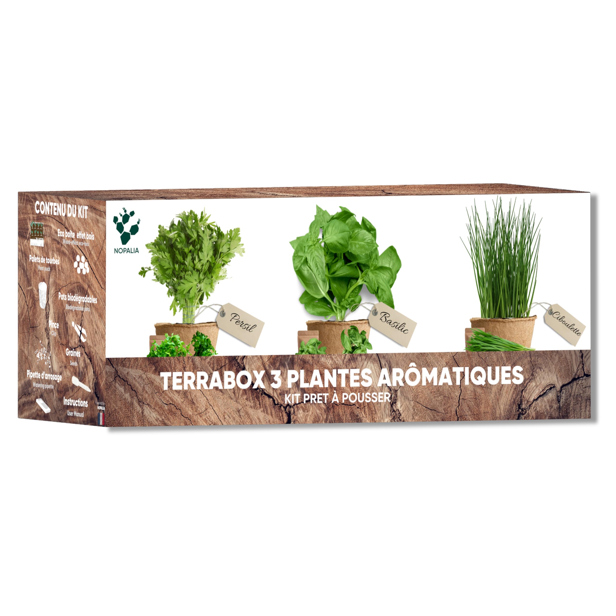 Kit de hierbas aromáticas y aromatizantes – Mini huerto para interior y exterior – Semillas orgánicas (albahaca, perejil, cebolletas) – Idea de regalo inusual y de cocina – Producto ecológico – Made