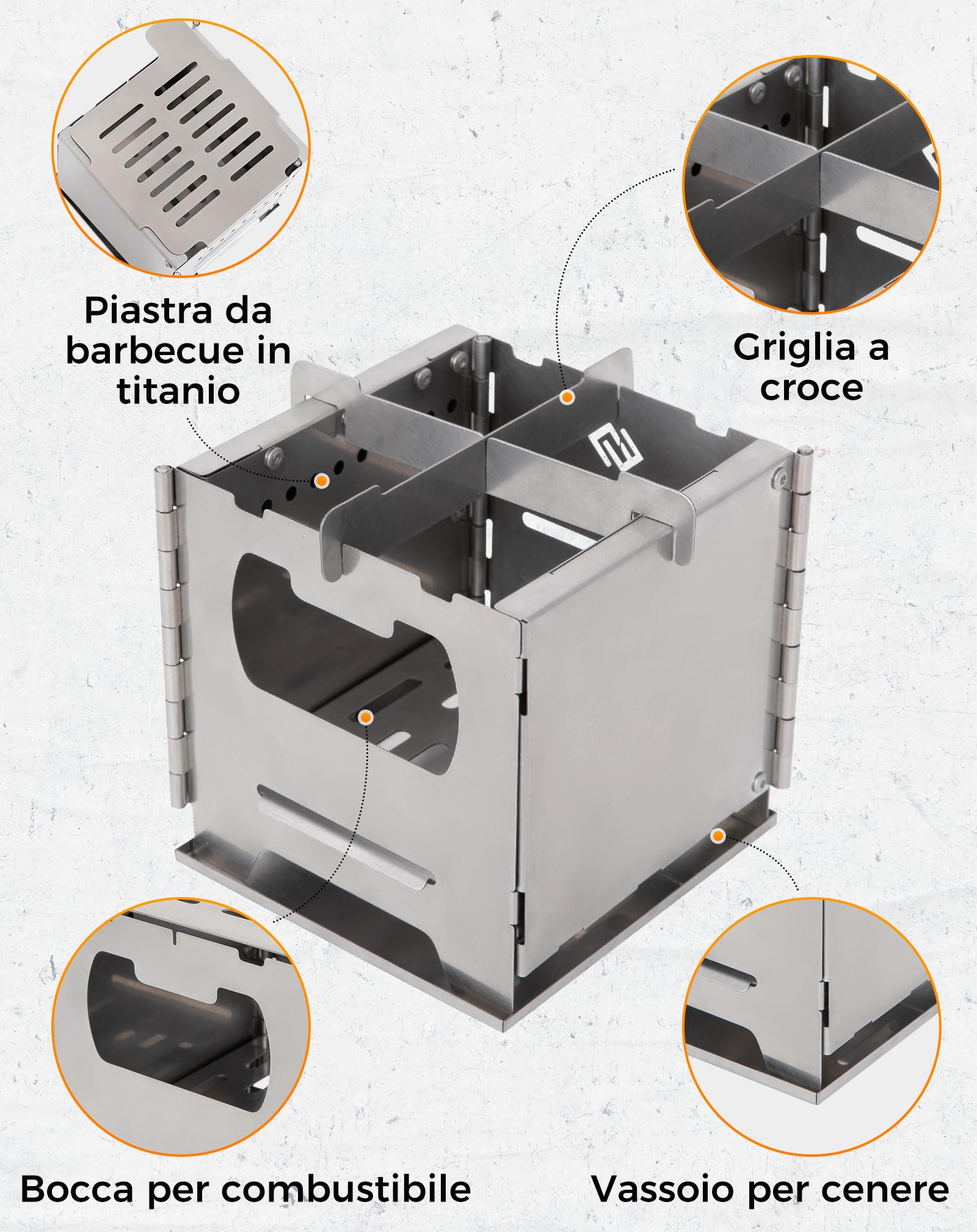 COOK'N'Escape Stufa a Legna Campeggio Portatile Rocket Doppia Combustione M | Fornello Hobo in Acciaio Inox Pieghevole con Piastra Grill Titanio, Multicombustibile per Camping, Grill e Trekking