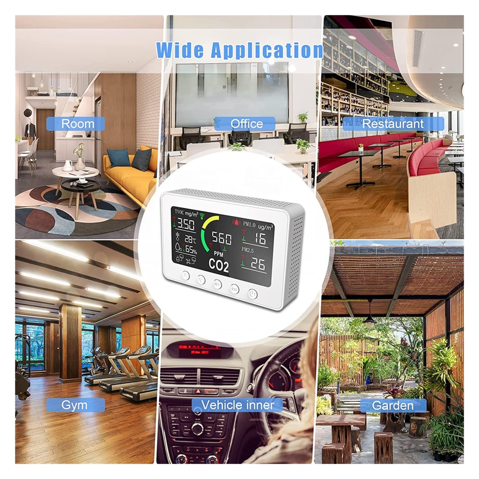 Monitor jakości powietrza w pomieszczeniach Wi-Fi Inteligentny monitor jakości powietrza Miernik NDIR CO2 6 w 1 Cyfrowy czujnik temperatury i wilgotności do domu, kuchni, biura, samochodu