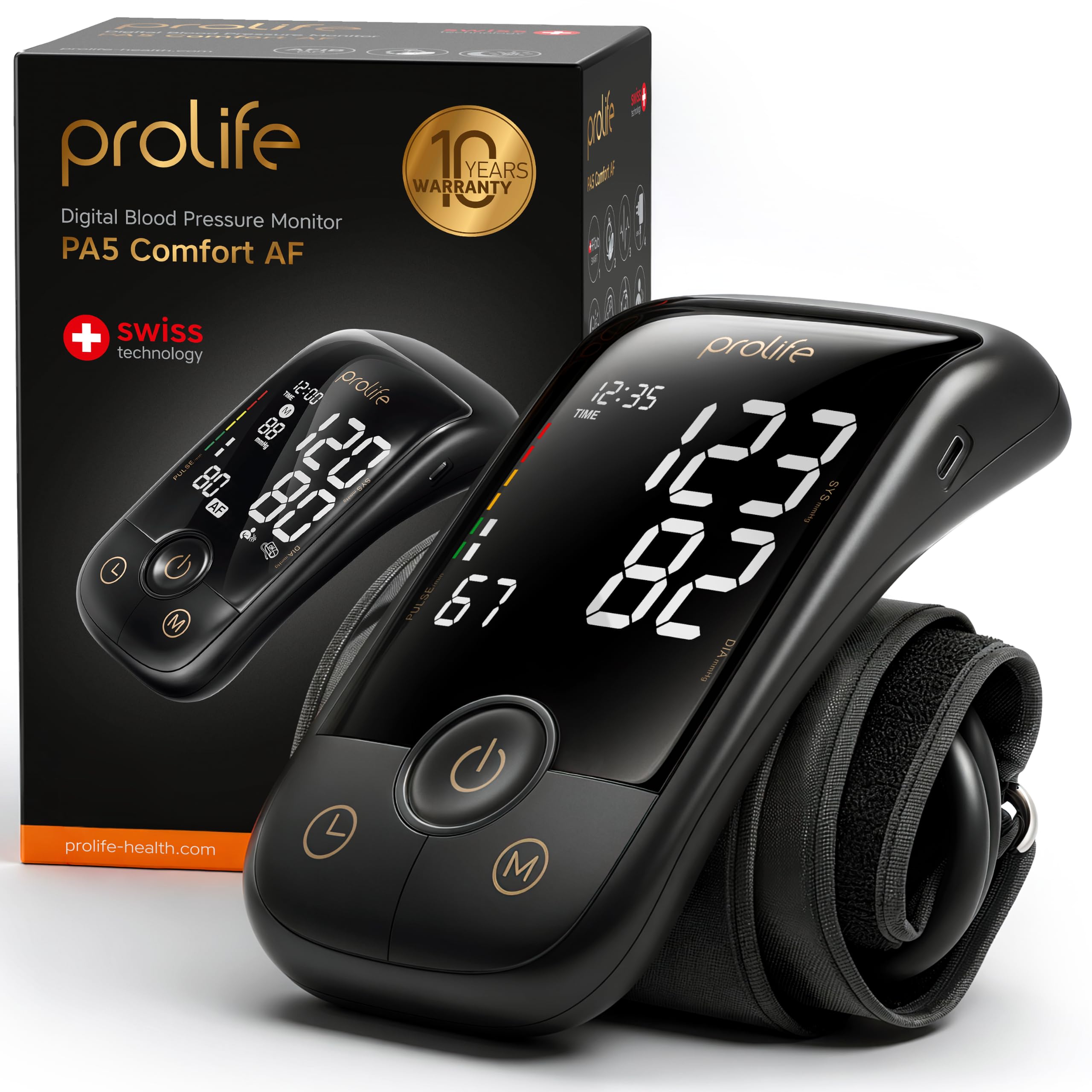 Prolife PA5 Comfort AF – Tensiómetro de Brazo Digital con Detección AFib Smart, Medidor de Tensión Arterial Preciso con Manguito Universal y Adaptador