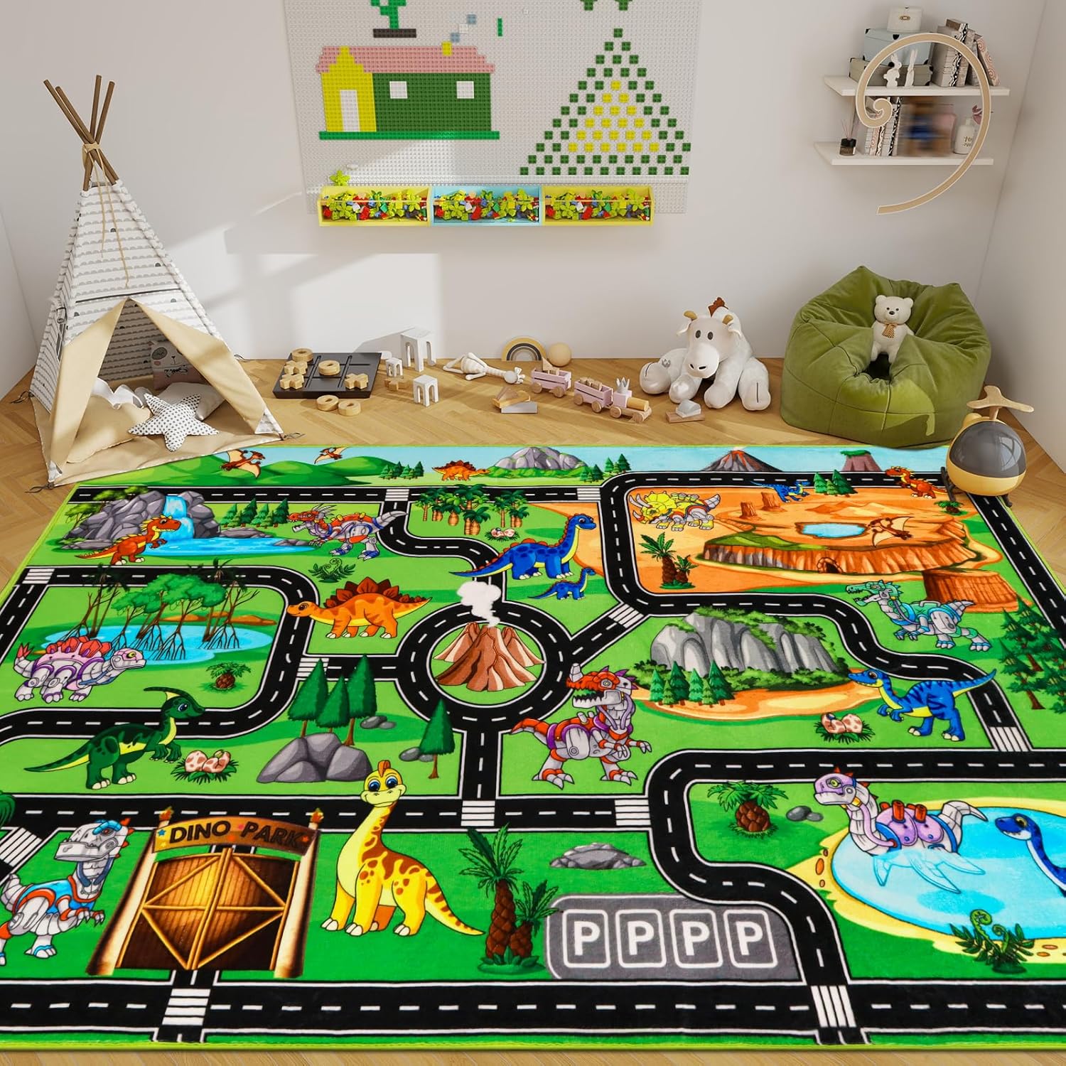 Kids Rugs for Playroom 59"×39.4" Dinosaur Car Play Mat Robot Dinosaur Park Road Educational Dino Road Rug for Toy Car Jurassic Themed Play Carpet for Kids, Toddlers, Nursery, Classroom
