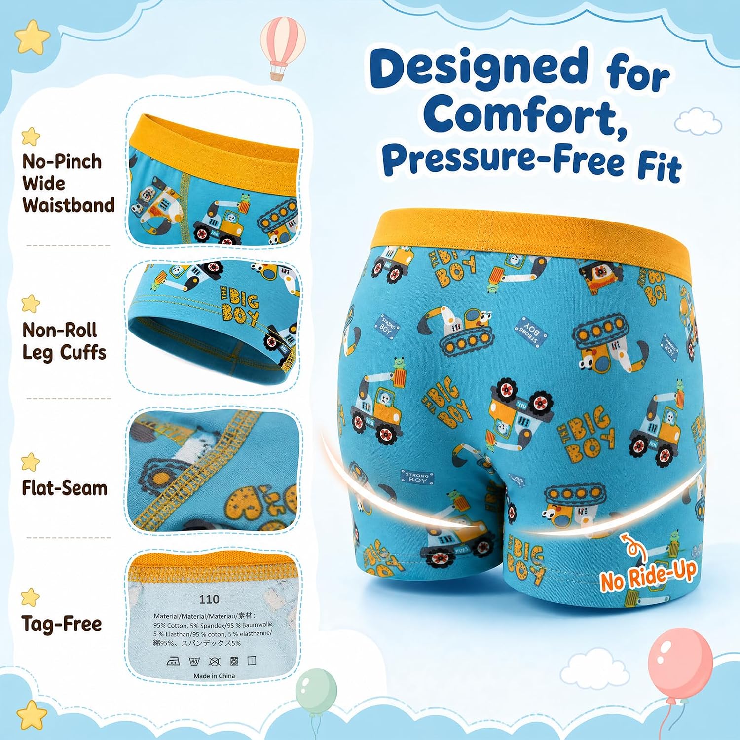 MOEMOE BABY Kids Boxer Briefs 10 Pack, Soft Cotton Underwear 2T-7T