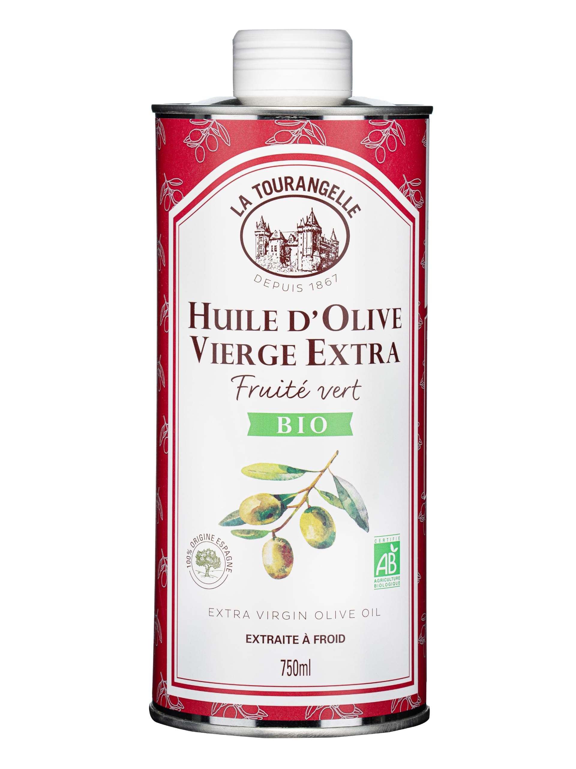 La Tourangelle - Huile d'olive vierge extra Bio - Fruité Vert - Extraite à froid - Riche en polyphénols & Omega 3 - Huile de qualité supérieure - 750ml