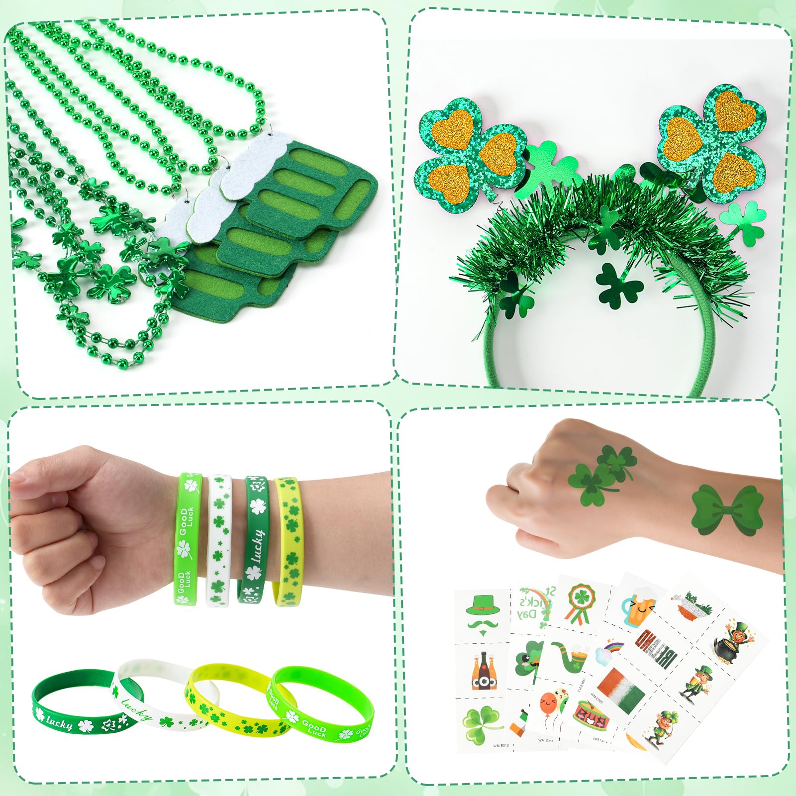 Yunfan 29Pack St Patricks Day Accessories St Patricks Day Decorations Green Shamrock Clover Necklaces Headbands Bracelets Tattoo Stickers for Leprechaun Costume Accessories Irish Party Supplies - 5