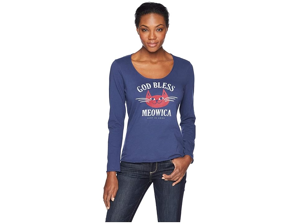 

Life is Good God Bless Meowica Smooth Long Sleeve T-Shirt (Darkest Blue) Women's T Shirt