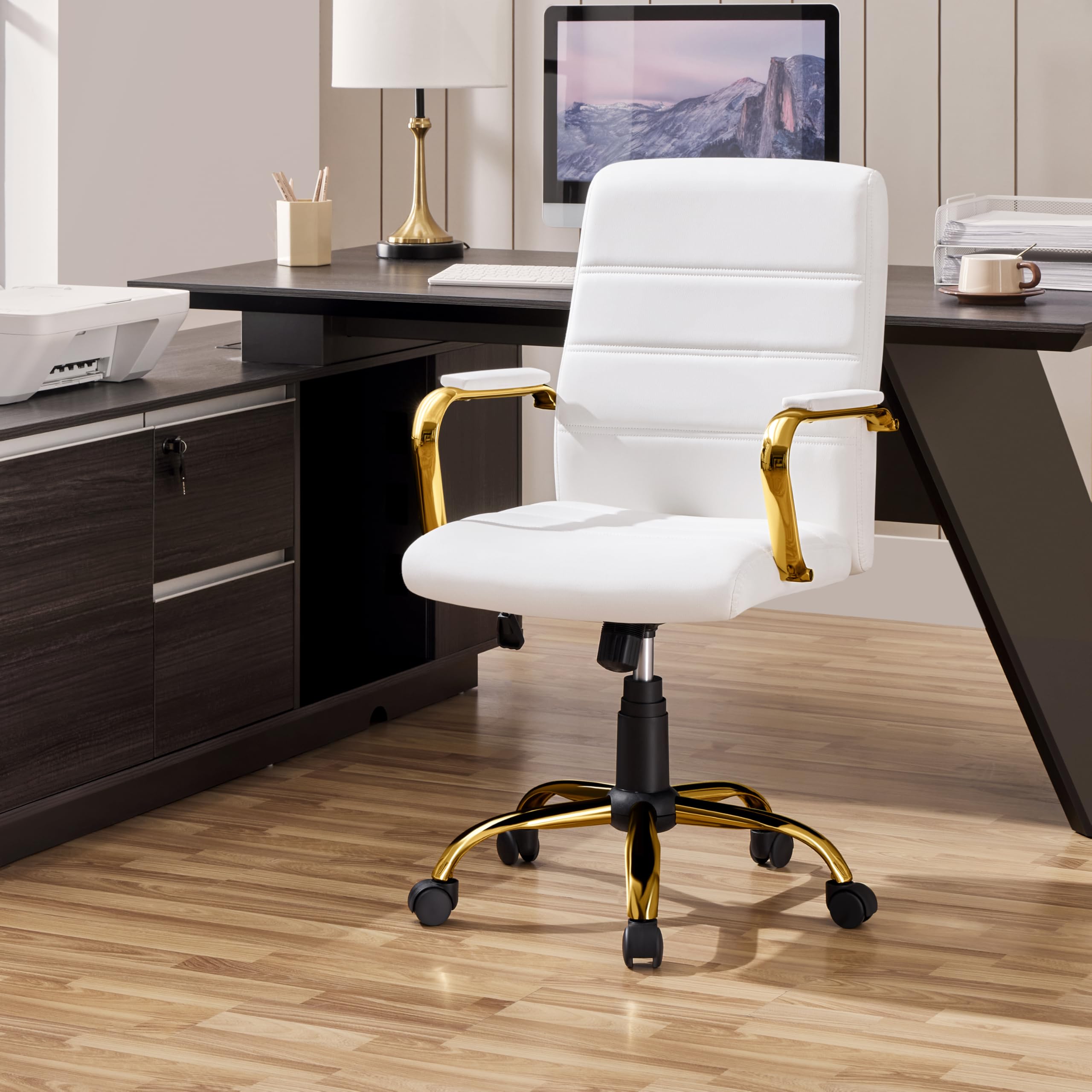 Yaheetech Schreitischstuhl Home-Office Stuhl mit Armlehnen Weiß/Golden | Ergonomisch Bürostuhl Drehstuhl mit Rollen Arbeitsstuhl mit Rückenlehne für Büro/ Arbeitszimmer