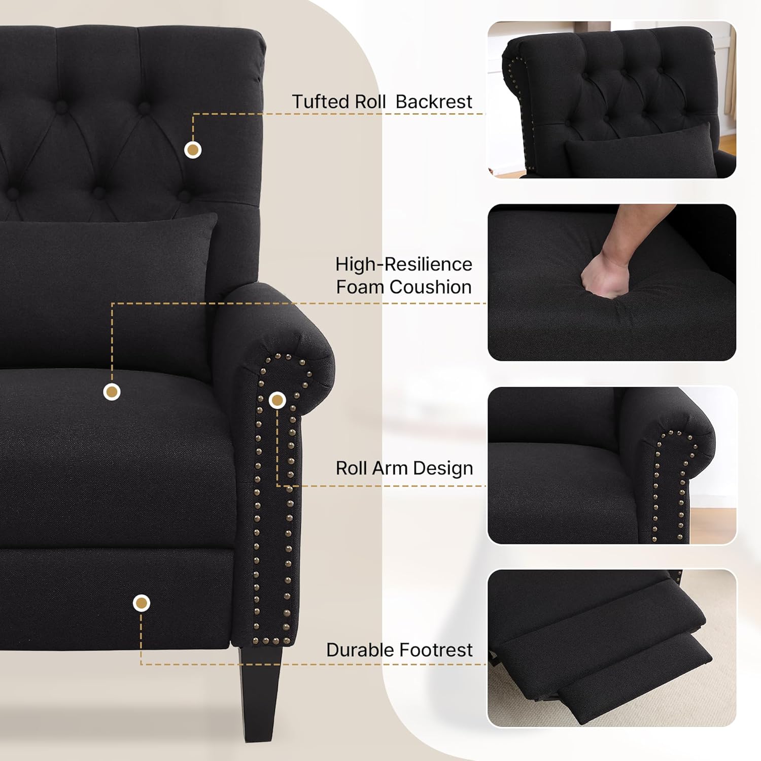 Pushback Recliner Chair, Accent Push Back Chairs with Adjustable Footrest, Upholstered Linen Reclining Sofa with Side Pocket, Comfy Modern Armchair for Living Room, Bedroom, Black