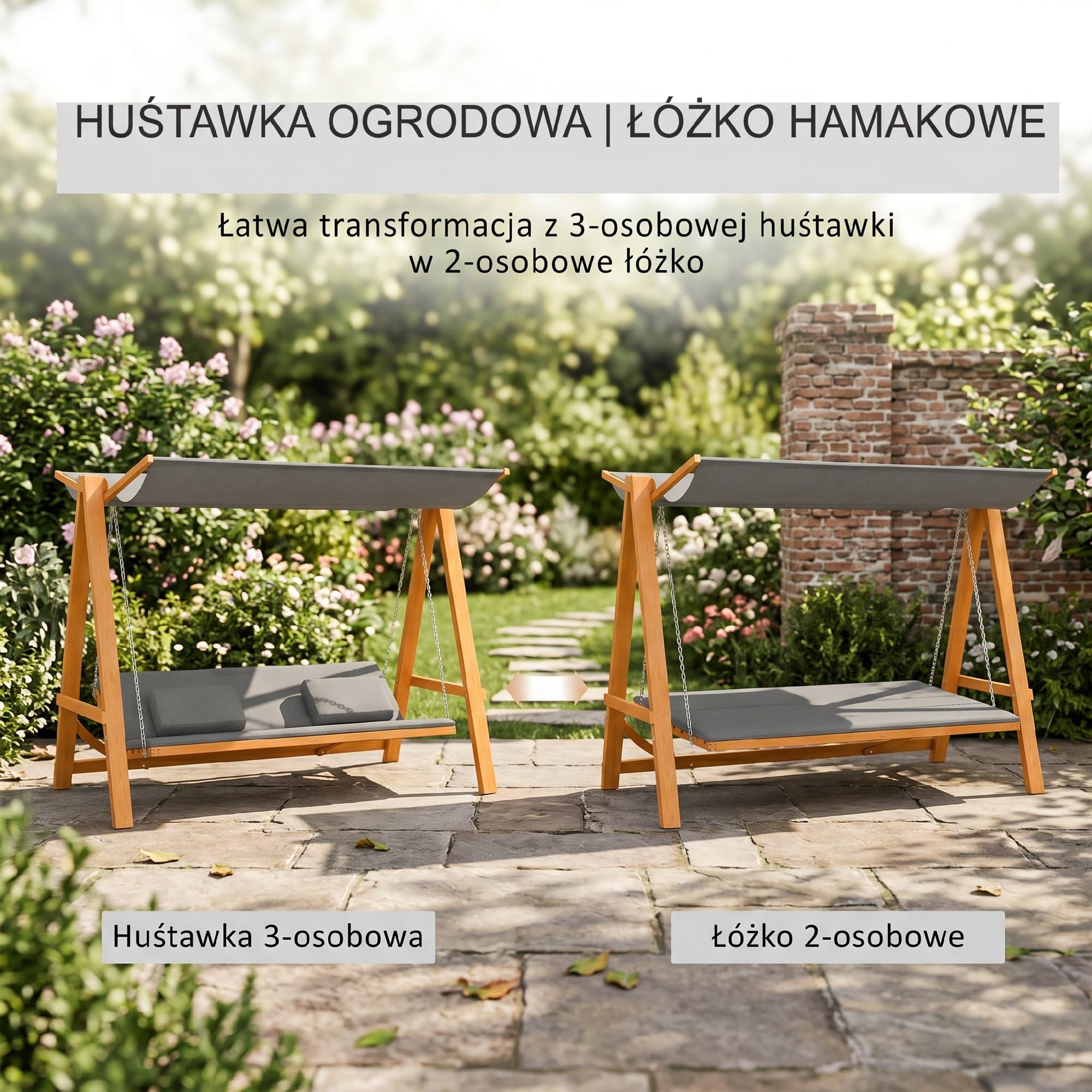 Outsunny Hollywoodschaukel mit Bettfunktion 3-Sitzer Holzschaukel mit verstellbarem Sonnendach Lärche Gartenschaukel belast 240kg Gartenliege Schaukelbank für Terrasse, 225,5 x 130 x 180 cm Grau+Teak