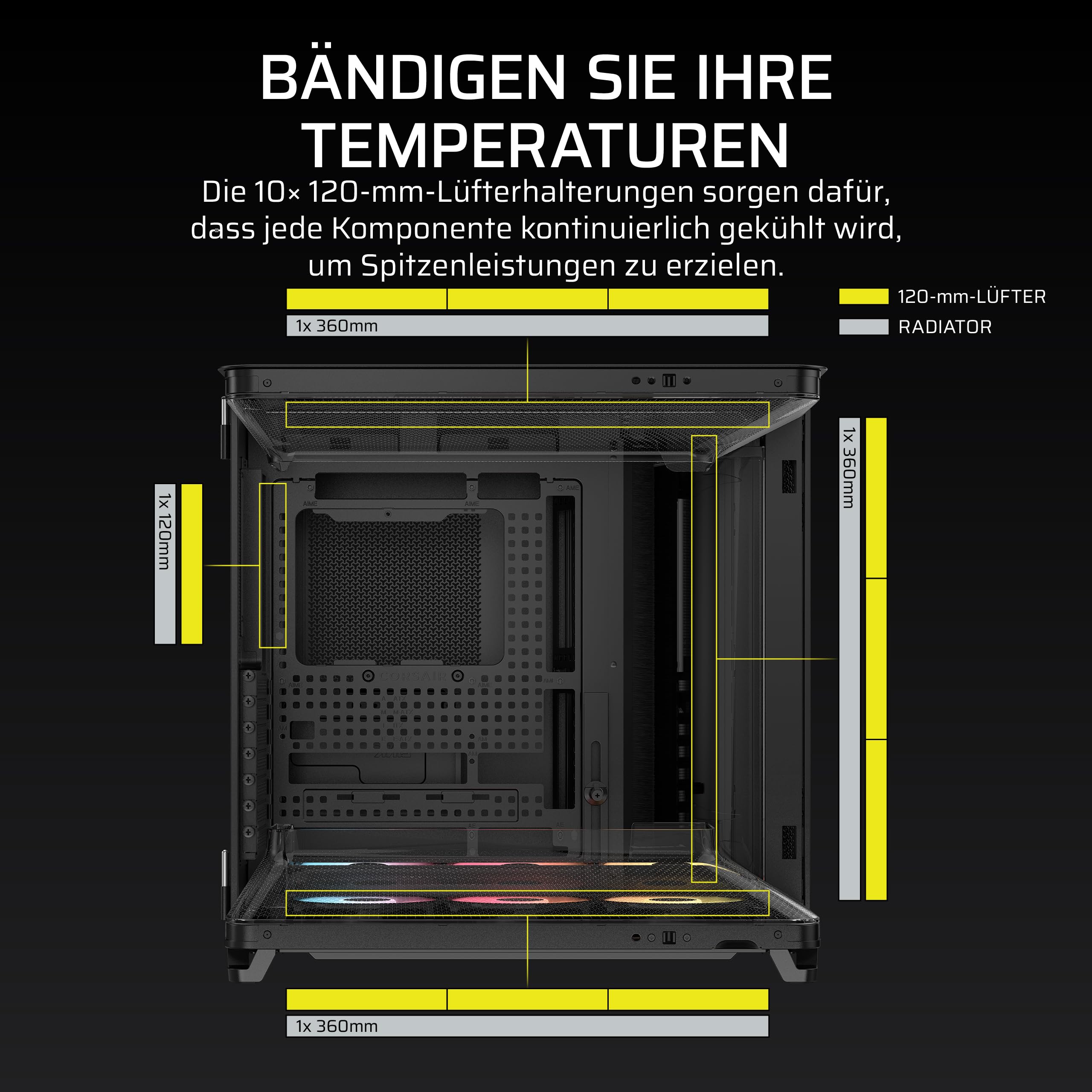 CORSAIR AIR 5400 RS-R ARGB Dreifach-Kammer-Mid-Tower PC-Gehäuse – Schwarz | 3x Vorinstallierte Reverse-Rotor RS120-R ARGB-Lüfter, Luftkanäle für Starke Kühlung, Reverse Motherboard-Unterstützung