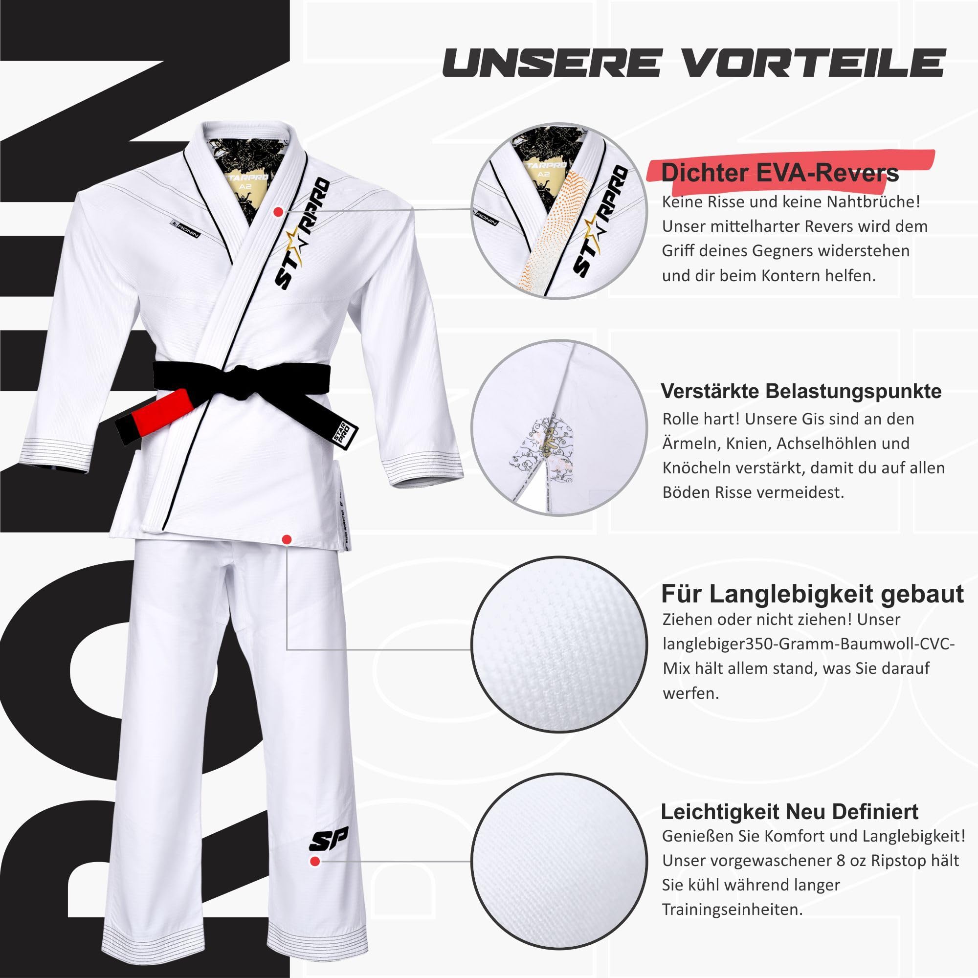 Starpro Ronin BJJ Gi 355 Gramm - Power Baumwollmischung - Weiß und Schwarz - Preshrunk Professional Martial Arts Kimono für Training und Wettkampf - Männer & Frauen