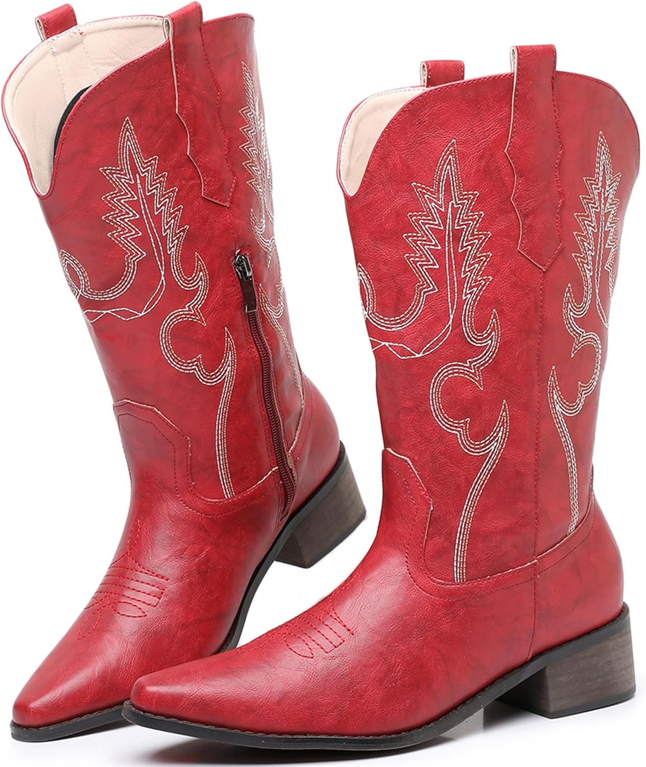 Cowboy Boots for Women, Cowgirl Boots with Embroidery Chunky Heel Pointed Toe Pull On Mid Calf Vintage Western Fashion Boots for Ladies