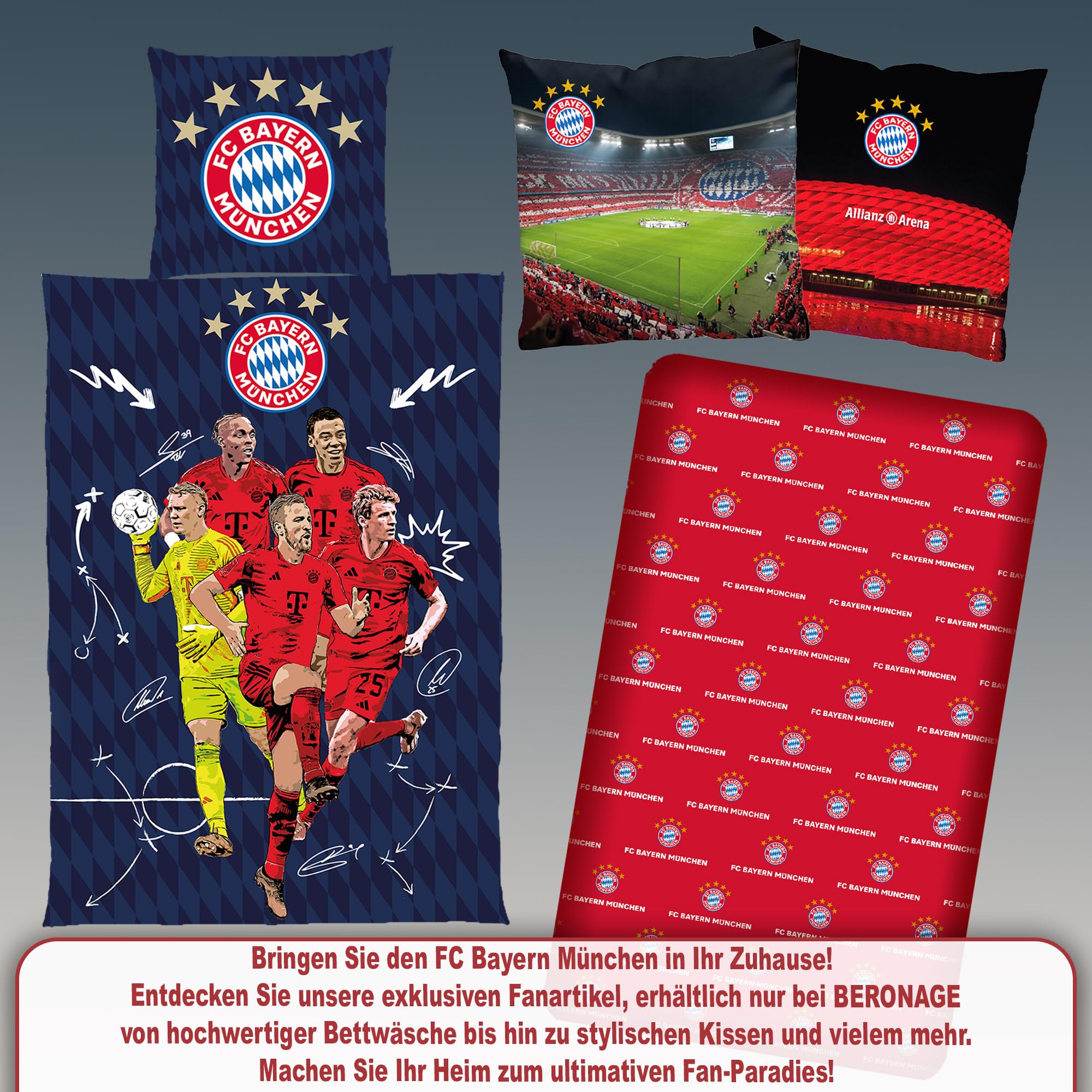 FC Bayern München Wende-Bettwäsche - Allianz Arena 135x200 + 80x80 cm 100% Baumwolle Biber/Flanell Fußball FCB Harry Kane Musiala Rekordmeister Champions-League-Sieger deutsche Größe mit RV