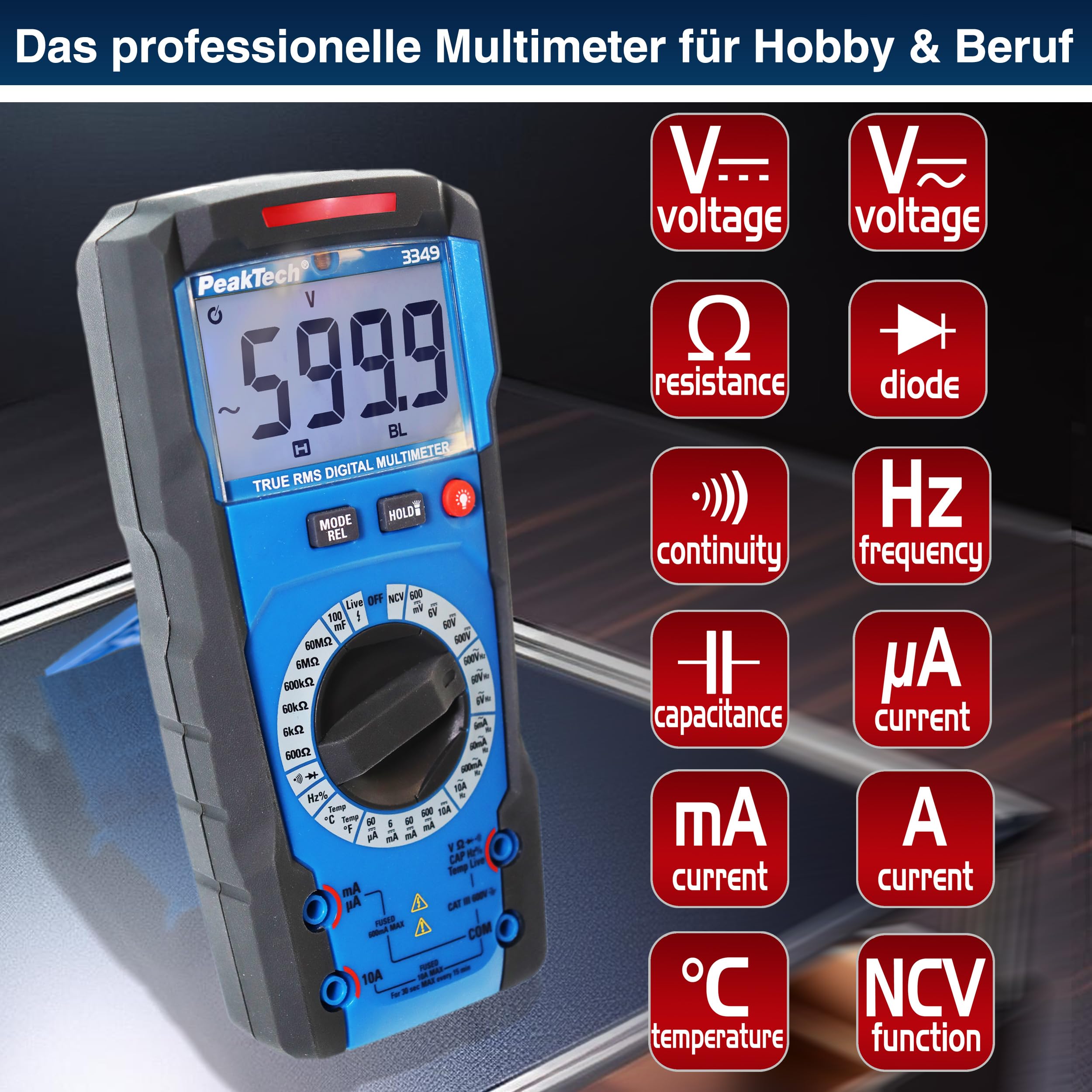 PeakTech P 3349 - Multimetr cyfrowy TRMS 6,000 zliczeń, prąd i napięcie AC/DC, rezystancja, pojemność i ciągłość, 600V / 10A - CAT III
