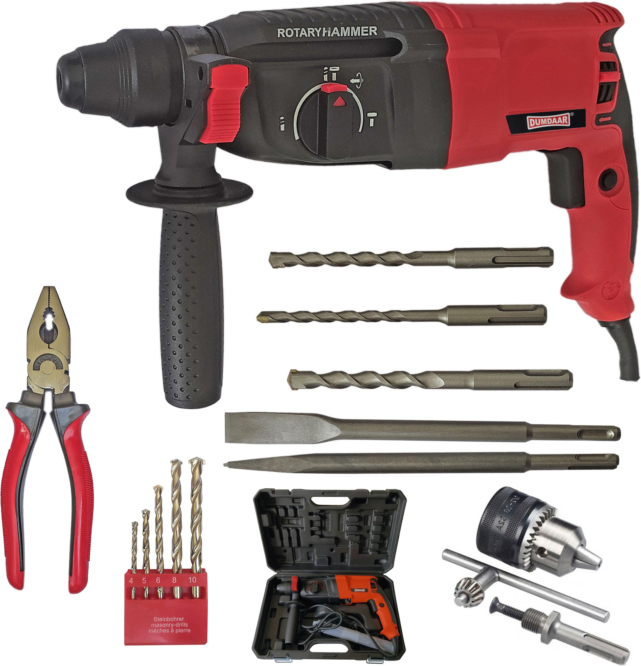 Inditrust Dumdaar 6-Month Warranty RED 1250W 26mm Reversible Electric Hammer Drill Machine with 5pc Hammer bit & 1pc Plier 13mm Drill chuck key Adapter & 5pc Masonry set Rotary Hammer Drill (B0CM3XHF8R) Amazon Price History, Amazon Price Tracker