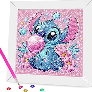 Gearock Diamond Art Kits, Easy Diamond Painting Kits with Frame, Pink Flowers Adults Cute Big Gem Kits for Beginners Cartoon Lovers Halloween Christmas Birthday Gifts, 7x7 Inch