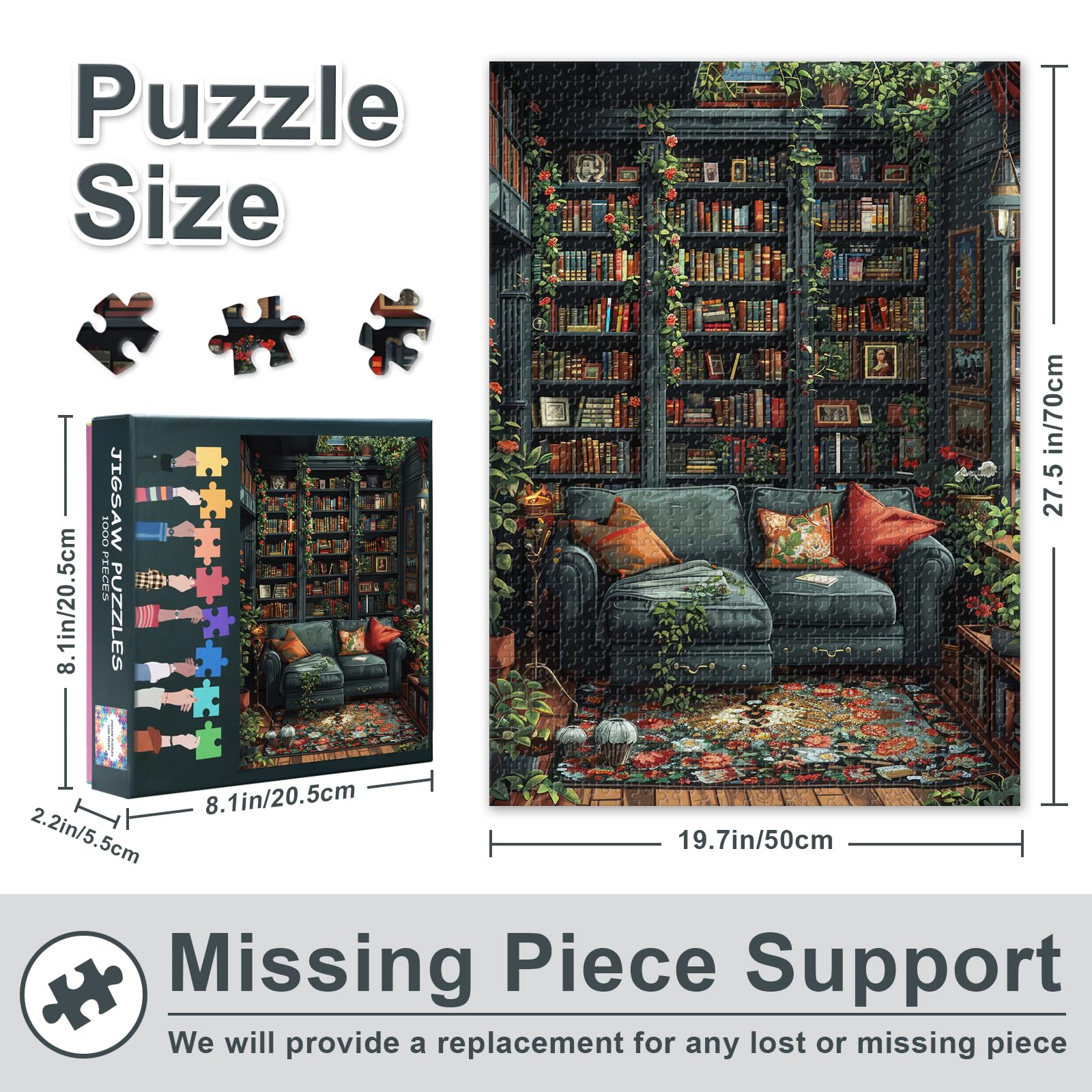 Jigsaw Puzzles for Adults 1000 Pieces, Vintage Library with Bookshelves, Plants & Cozy Fireplace - Image 2